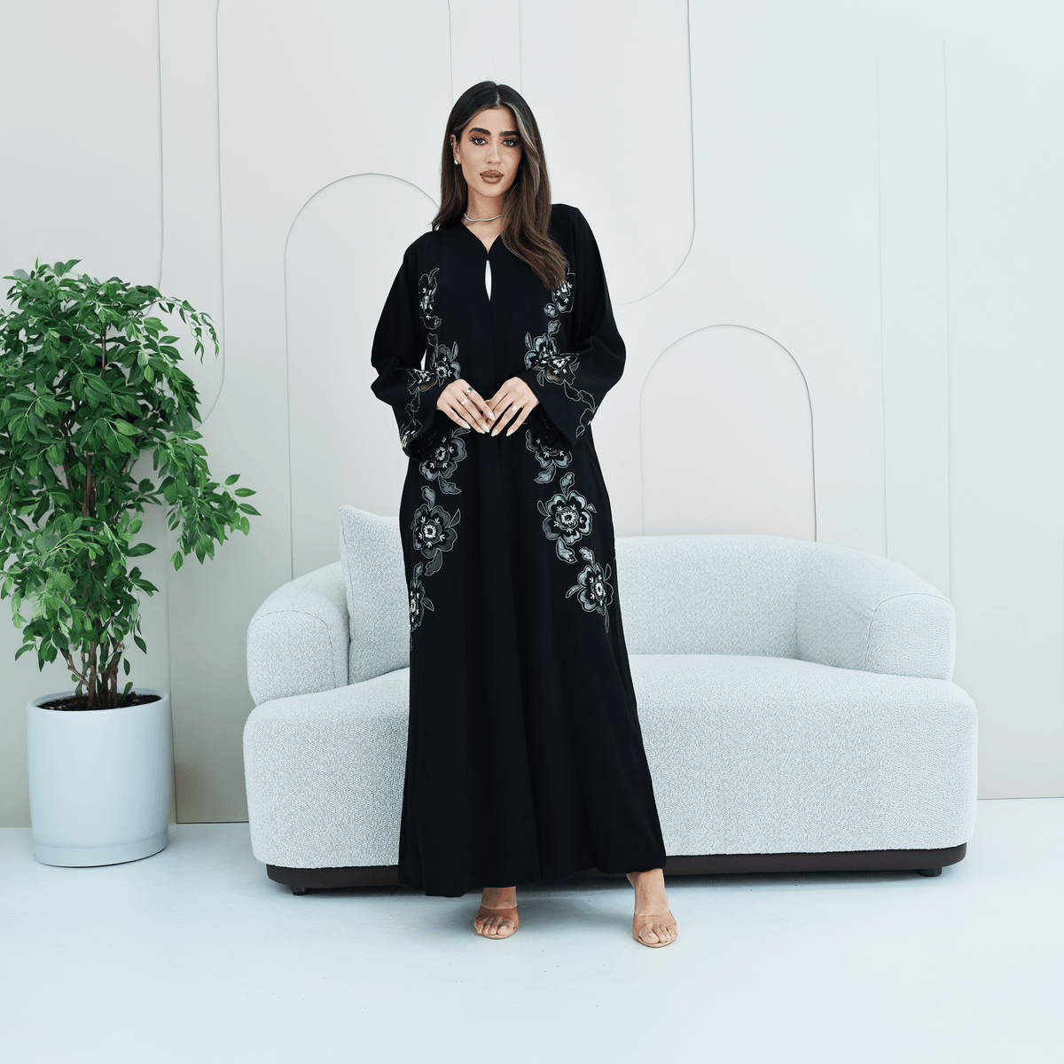 R280 | Abaya – Flower Laser Cut with Embellishments Abaya for Women UAE – Abaya – Rutba Fashion Abaya