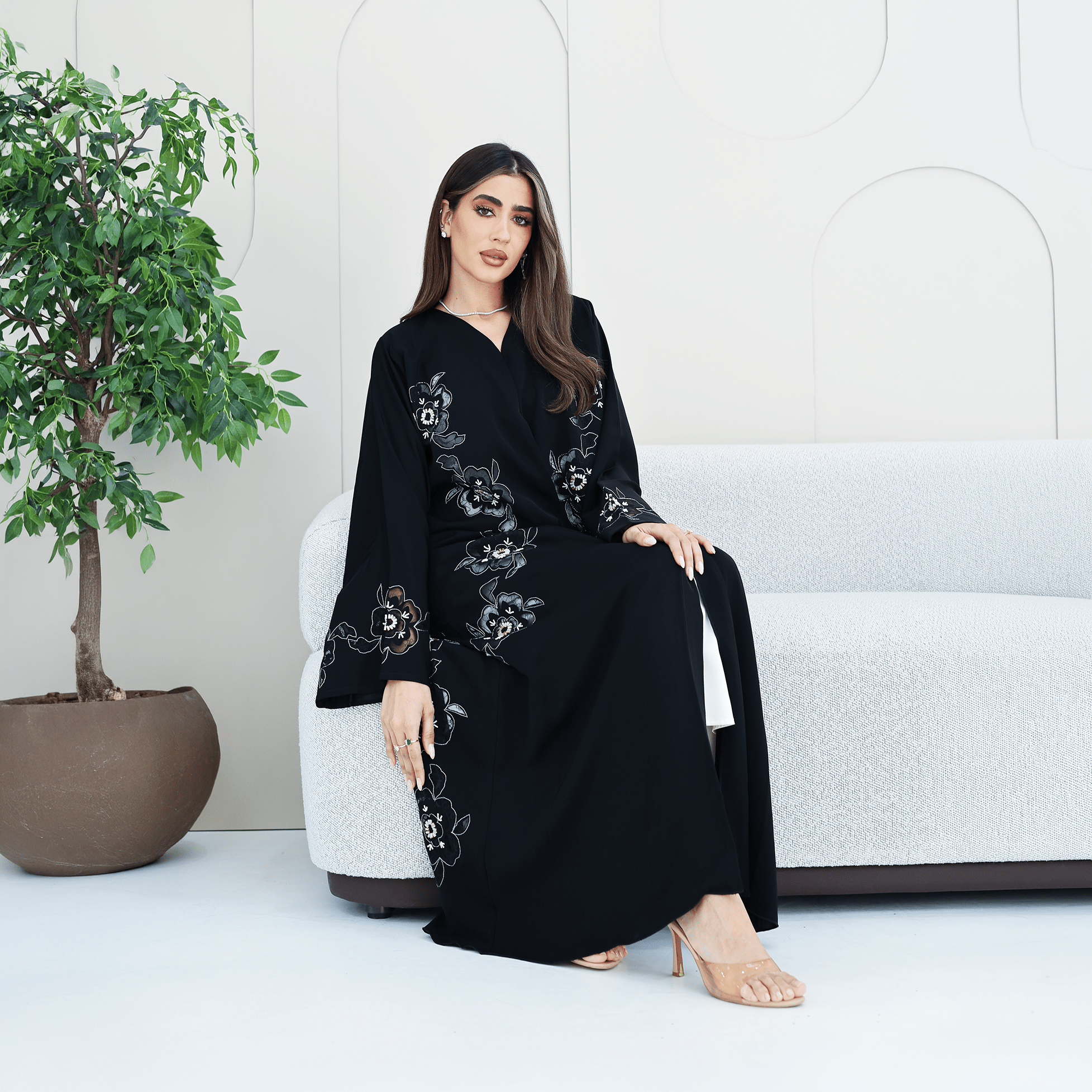 R280 | Abaya – Flower Laser Cut with Embellishments Abaya for Women UAE – Abaya – Rutba Fashion Abaya