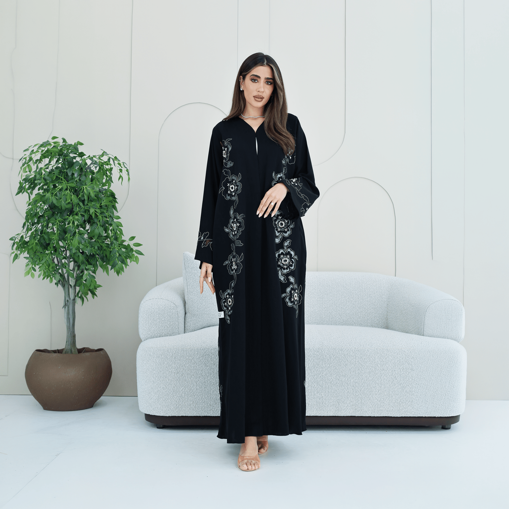 R280 | Abaya – Flower Laser Cut with Embellishments Abaya for Women UAE – Abaya – Rutba Fashion Abaya