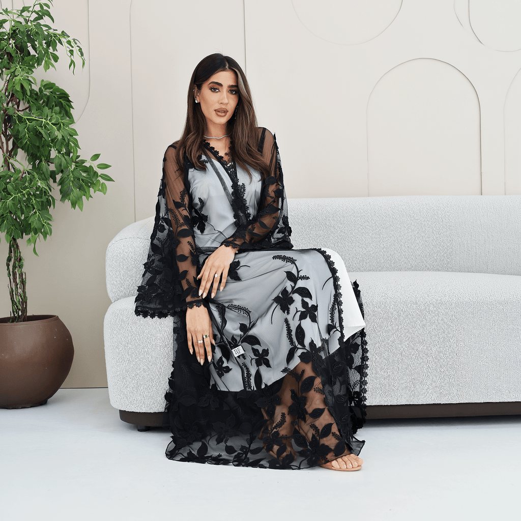 R282 | Elegant Flower Dantel Abaya Abaya for Women UAE – Abaya – Rutba Fashion Abaya