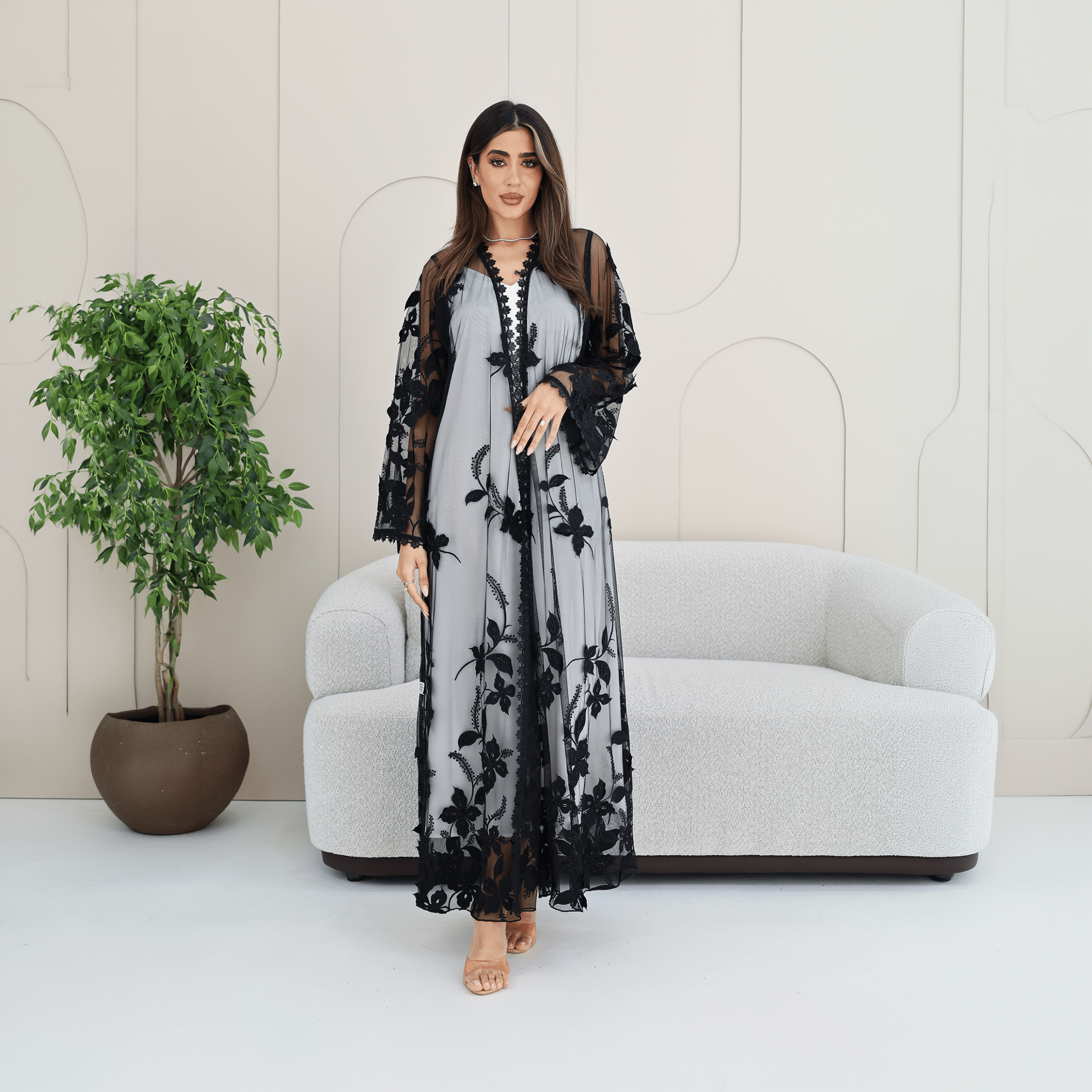 R282 | Elegant Flower Dantel Abaya Abaya for Women UAE – Abaya – Rutba Fashion Abaya