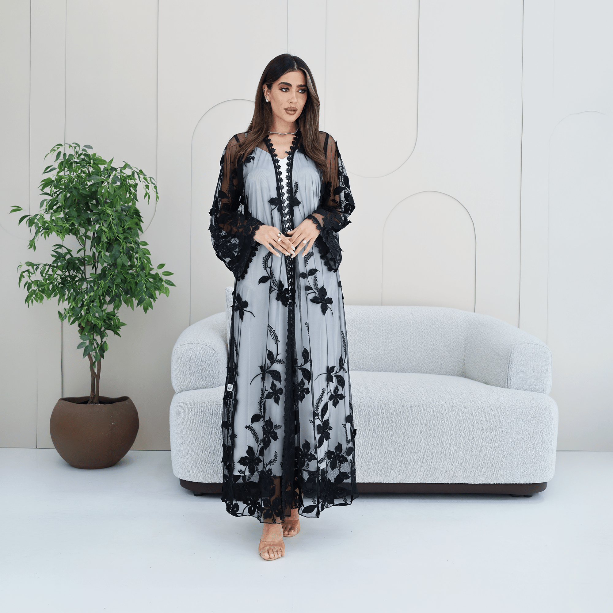 R282 | Elegant Flower Dantel Abaya Abaya for Women UAE – Abaya – Rutba Fashion Abaya