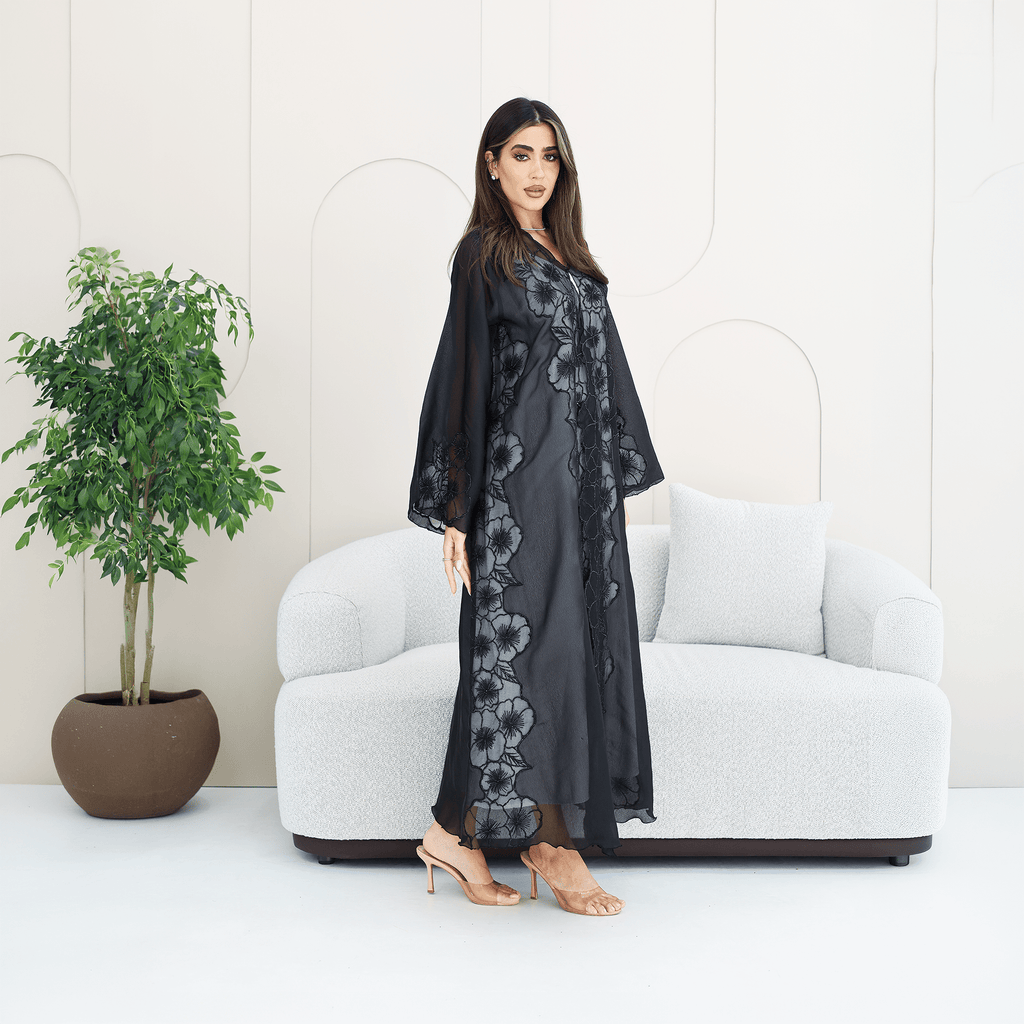 R285 | Elegant Abaya – Flower Embroidery Lace with Handmade Beads Work Abaya for Women UAE – Abaya – Rutba Fashion Abaya