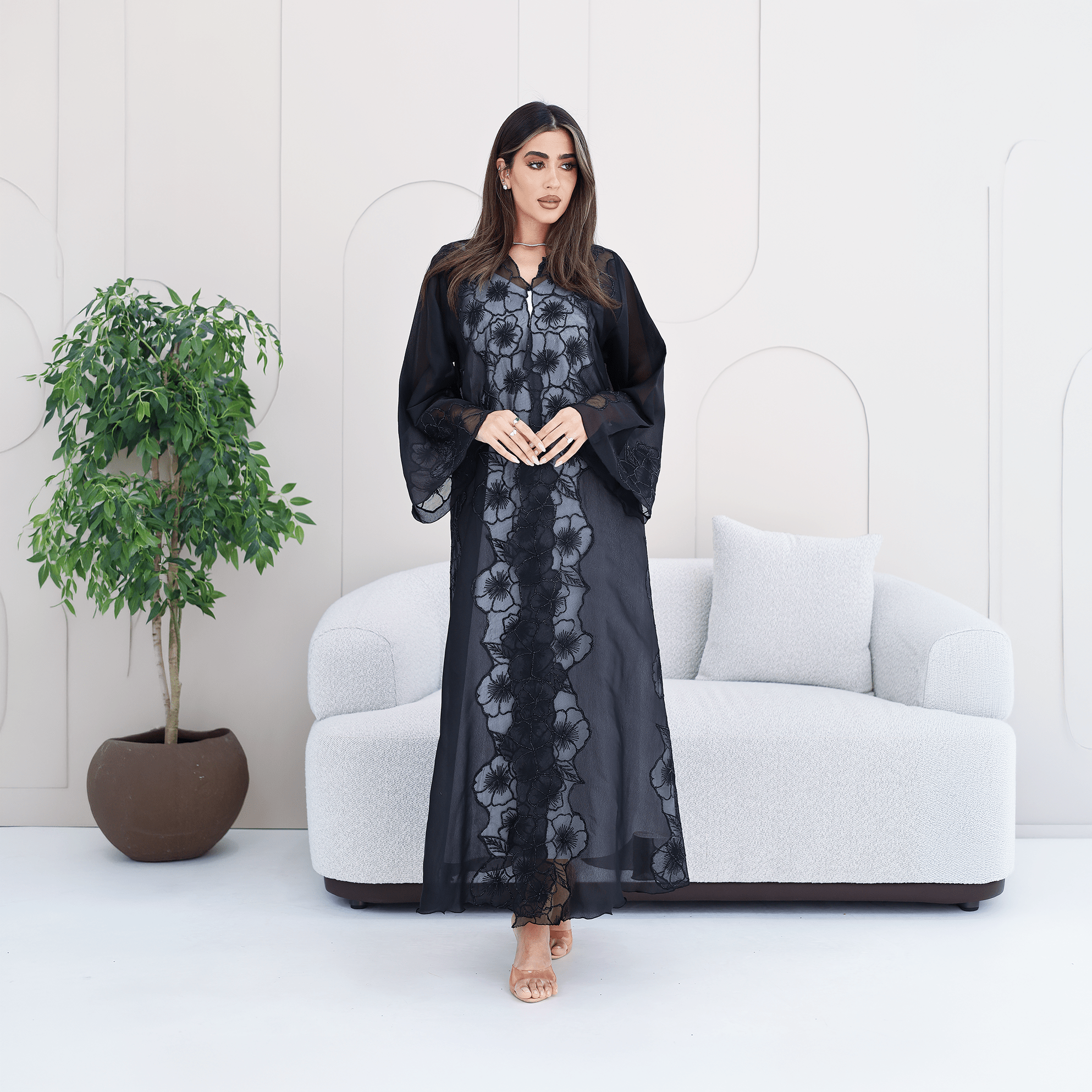 R285 | Elegant Abaya – Flower Embroidery Lace with Handmade Beads Work Abaya for Women UAE – Abaya – Rutba Fashion Abaya