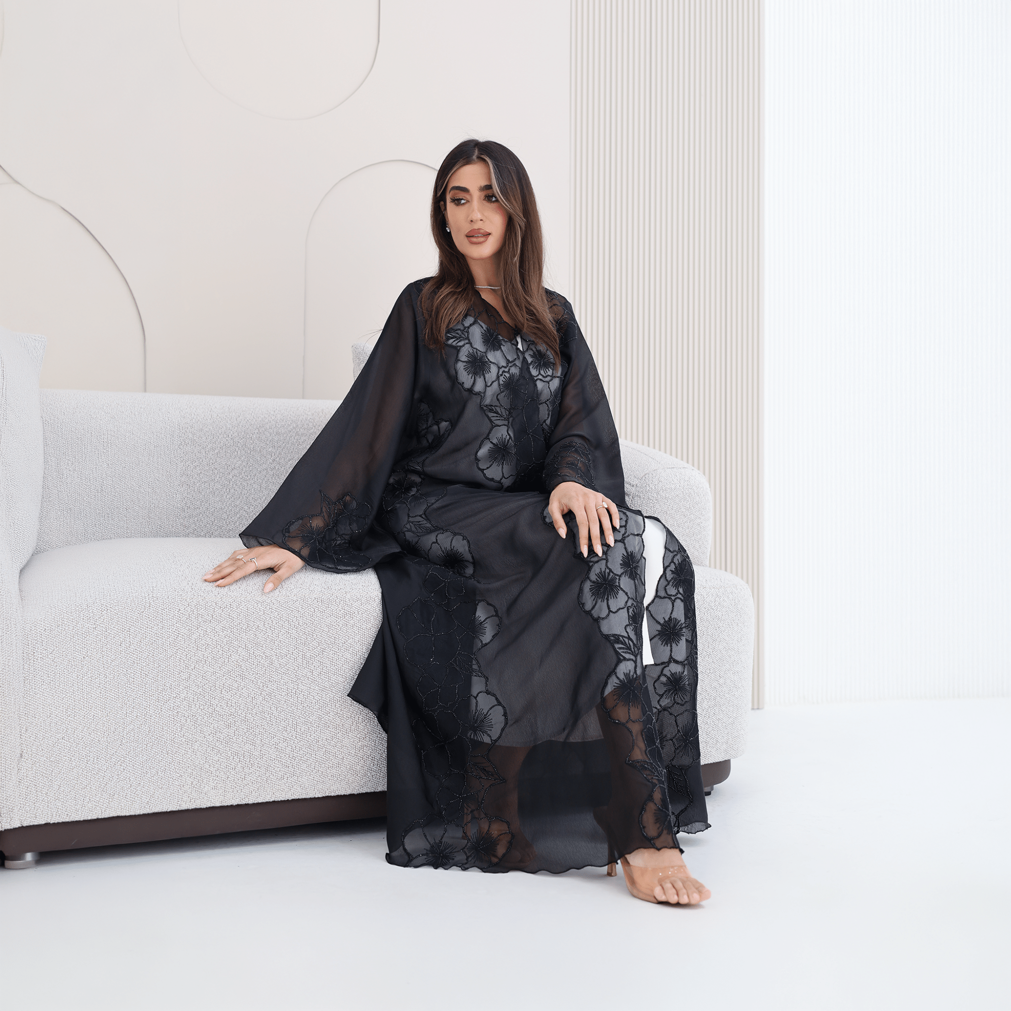 R285 | Elegant Abaya – Flower Embroidery Lace with Handmade Beads Work Abaya for Women UAE – Abaya – Rutba Fashion Abaya