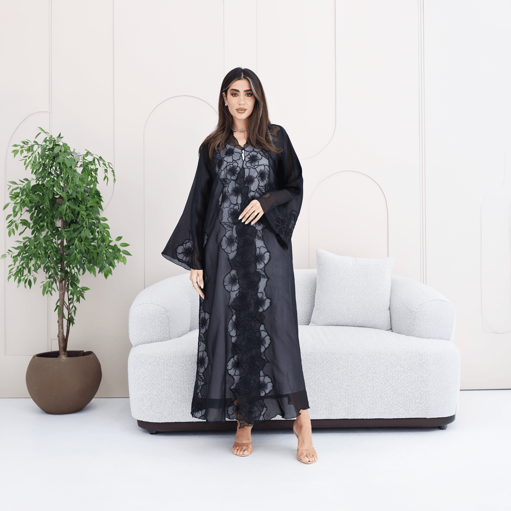 R285 | Elegant Abaya – Flower Embroidery Lace with Handmade Beads Work Abaya for Women UAE – Abaya – Rutba Fashion Abaya