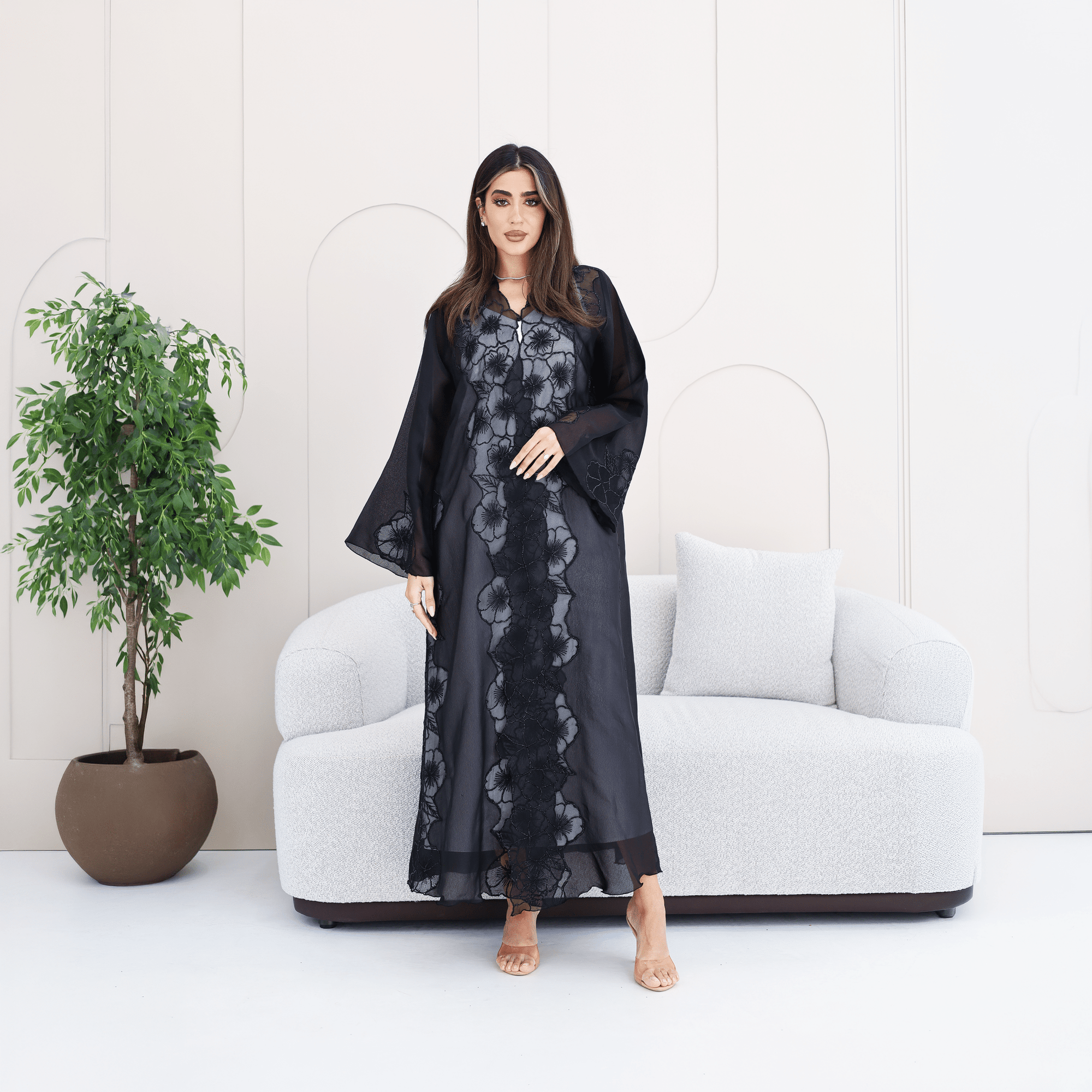 R285 | Elegant Abaya – Flower Embroidery Lace with Handmade Beads Work Abaya for Women UAE – Abaya – Rutba Fashion Abaya