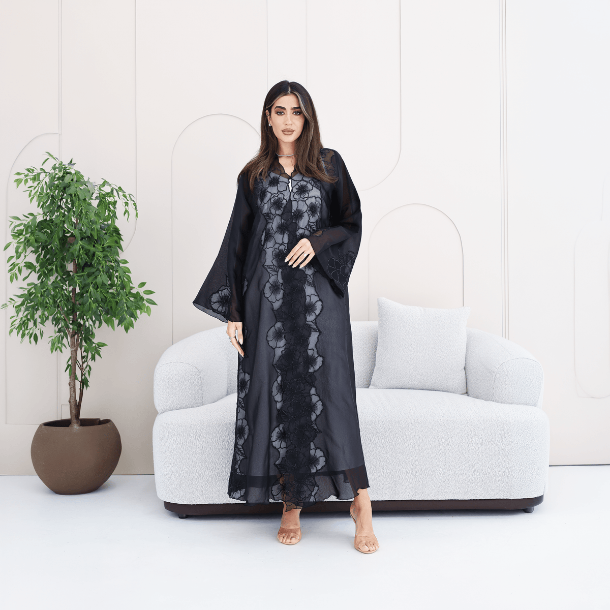 R285 | Elegant Abaya – Flower Embroidery Lace with Handmade Beads Work Abaya for Women UAE – Abaya – Rutba Fashion Abaya