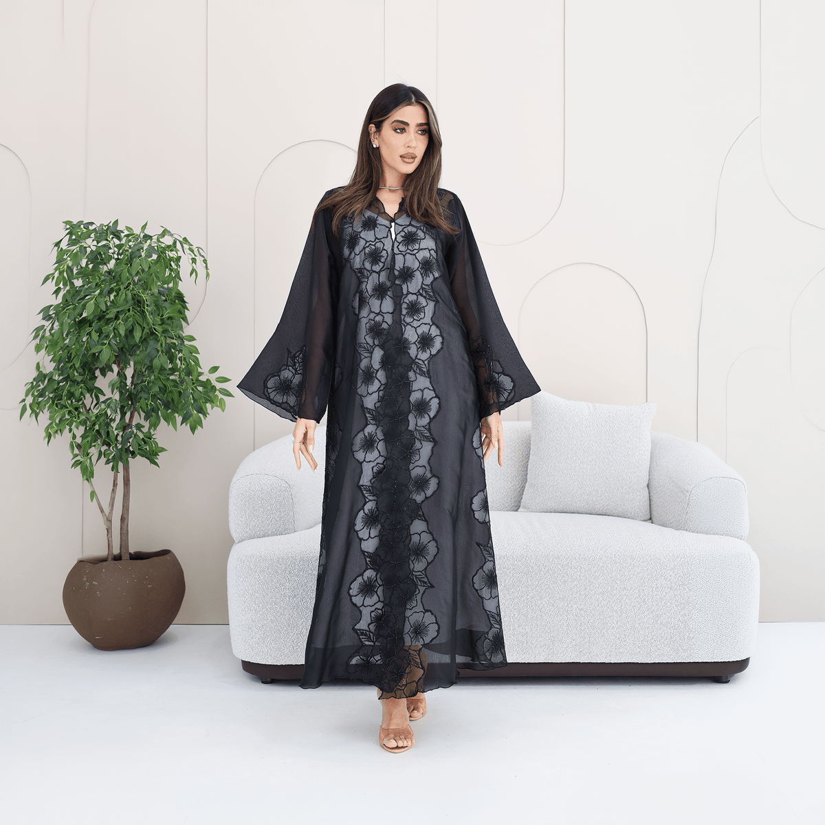 R285 | Elegant Abaya – Flower Embroidery Lace with Handmade Beads Work Abaya for Women UAE – Abaya – Rutba Fashion Abaya
