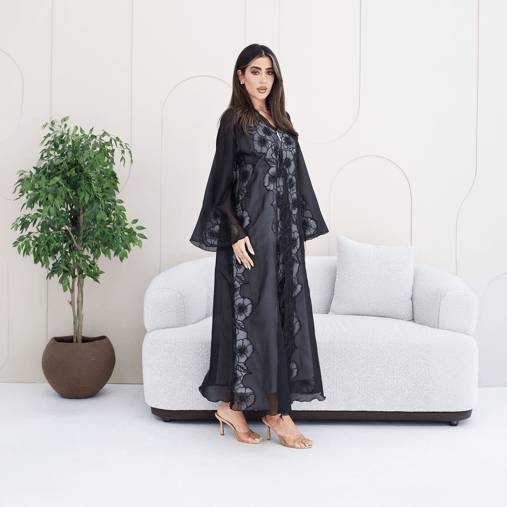 R285 | Elegant Abaya – Flower Embroidery Lace with Handmade Beads Work Abaya for Women UAE – Abaya – Rutba Fashion Abaya