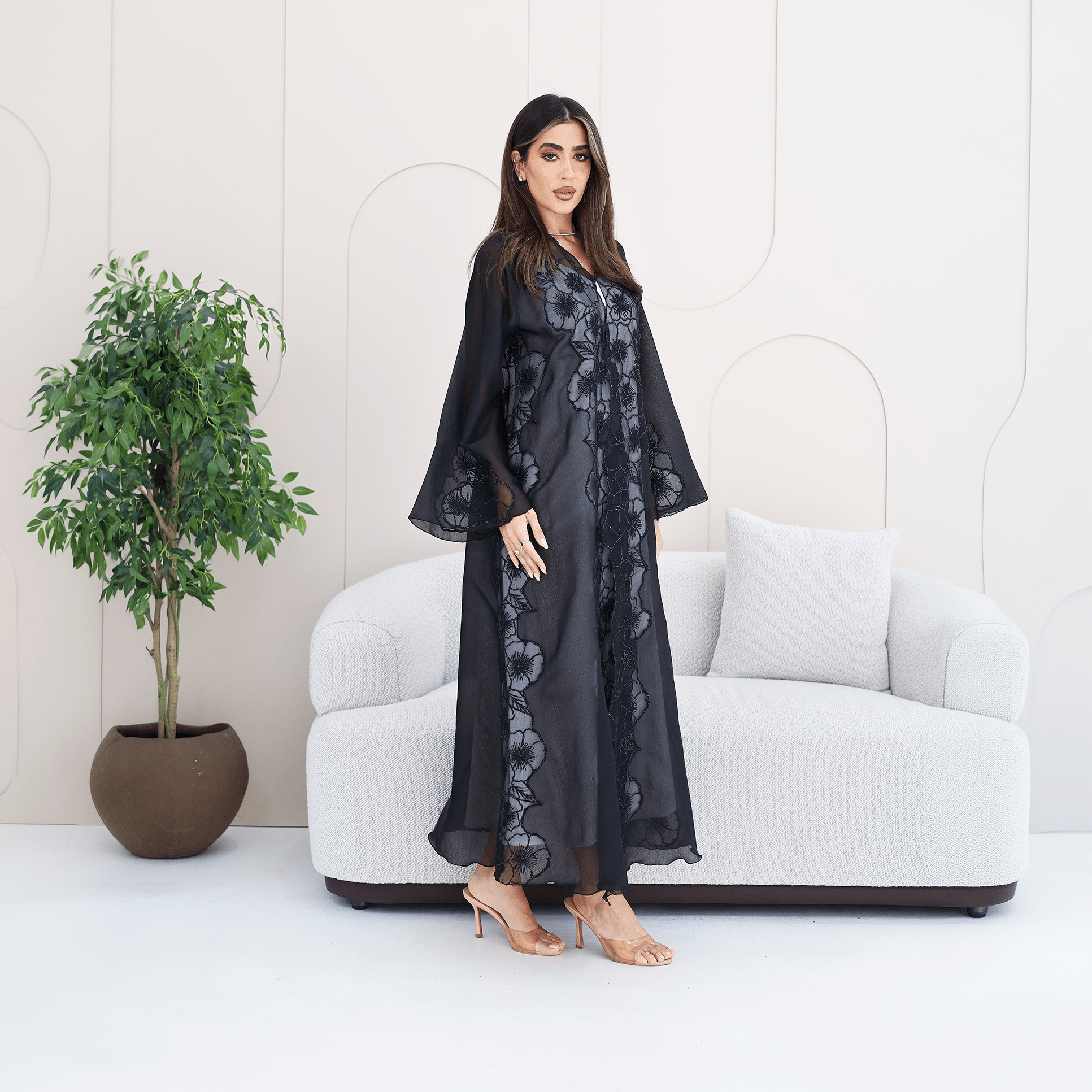 R285 | Elegant Abaya – Flower Embroidery Lace with Handmade Beads Work Abaya for Women UAE – Abaya – Rutba Fashion Abaya