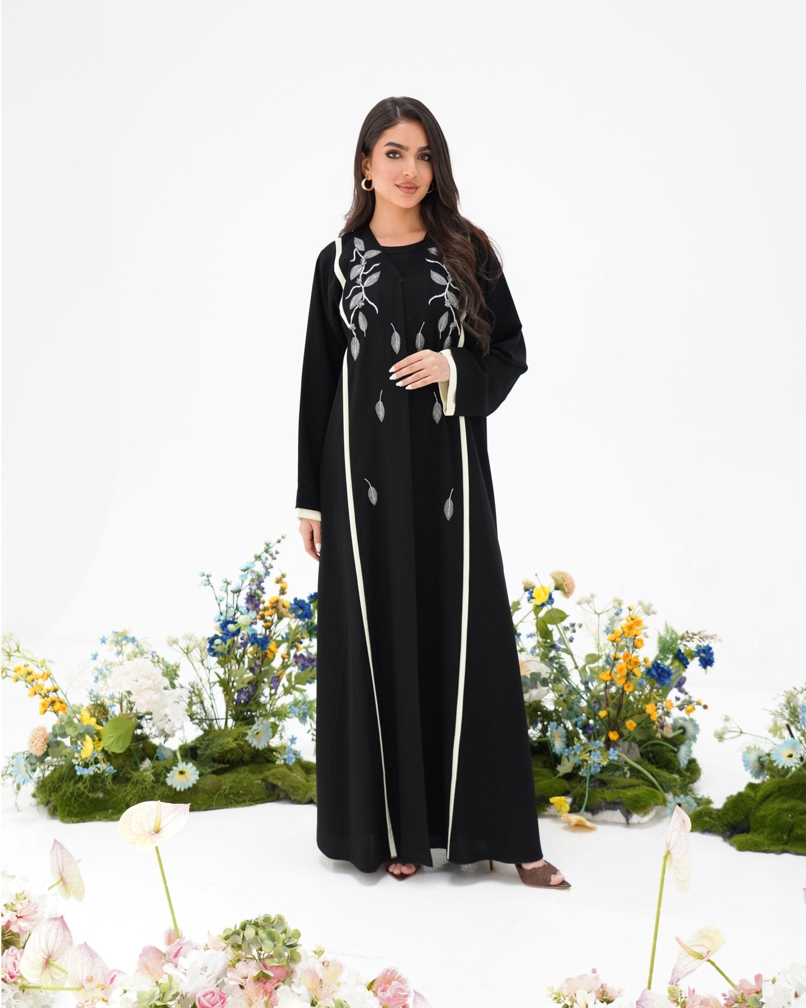 R294 Silver Leaf 🍂 Embroidery Design Black Abaya Abaya for Women UAE – Abaya – Rutba Fashion Abaya