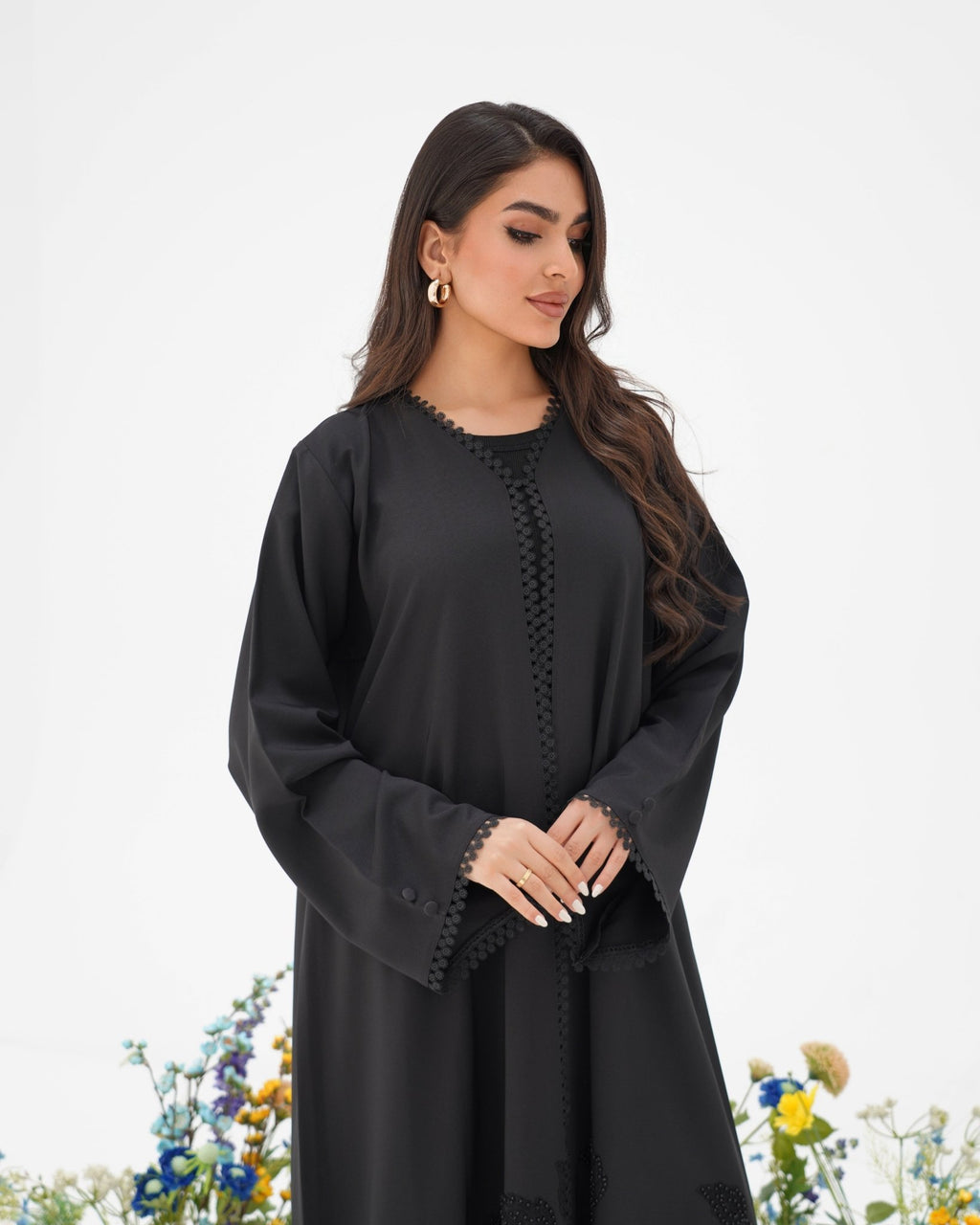R295 Leaf Embroidery Black classic Abaya Abaya for Women UAE – Abaya – Rutba Fashion Abaya
