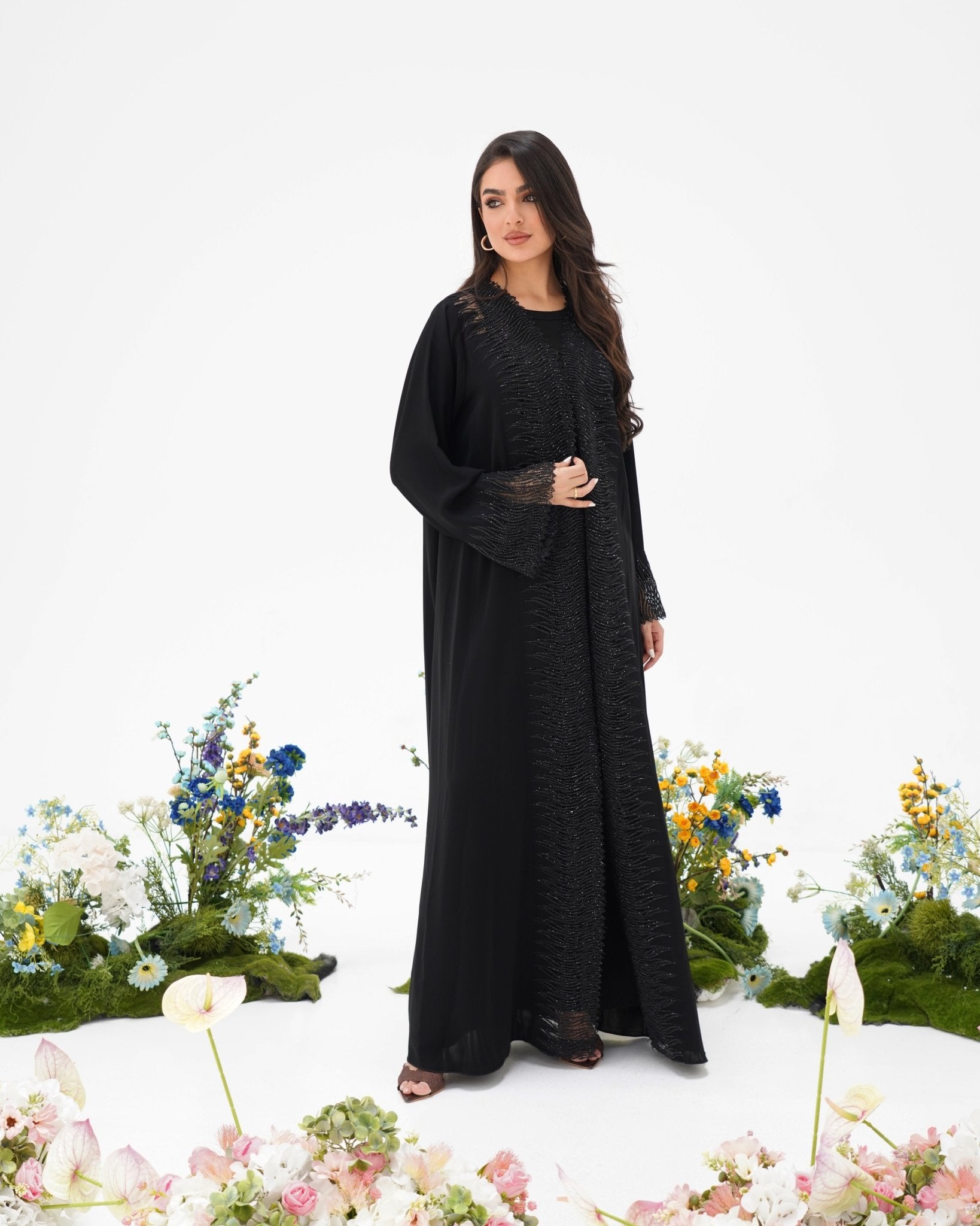 R296 Luxuries Black Abaya with 3D Lace Abaya for Women UAE – Abaya – Rutba Fashion Abaya