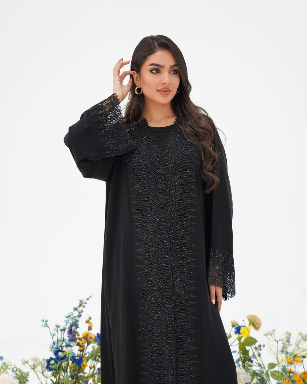 R296 Luxuries Black Abaya with 3D Lace Abaya for Women UAE – Abaya – Rutba Fashion Abaya
