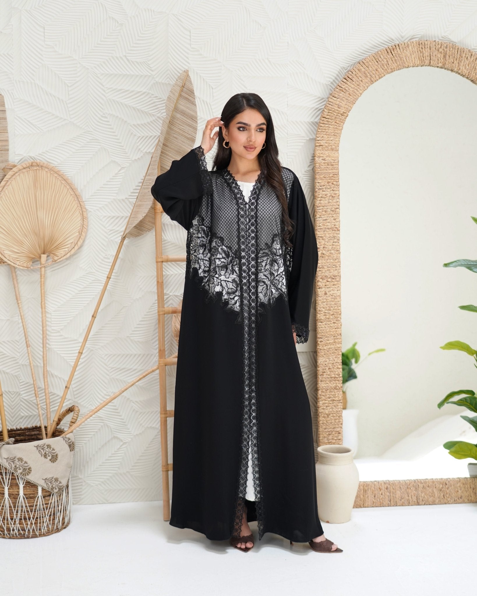 R300 Galaxy Dantel Black Abaya with stone Lace Abaya for Women UAE – Abaya – Rutba Fashion Abaya
