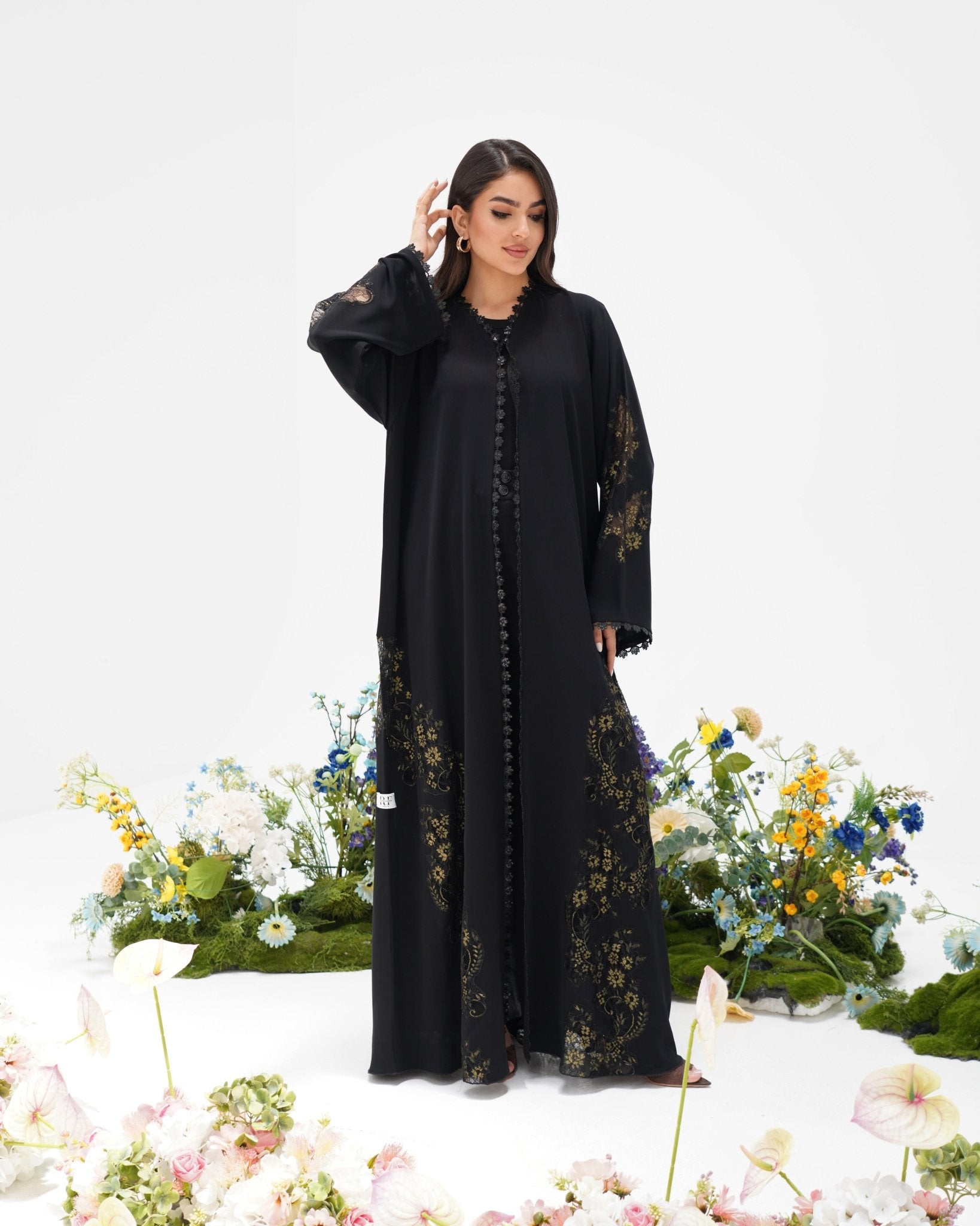 R305 Golden francy sequence lace Classic Black Abaya Abaya for Women UAE – Abaya – Rutba Fashion Abaya