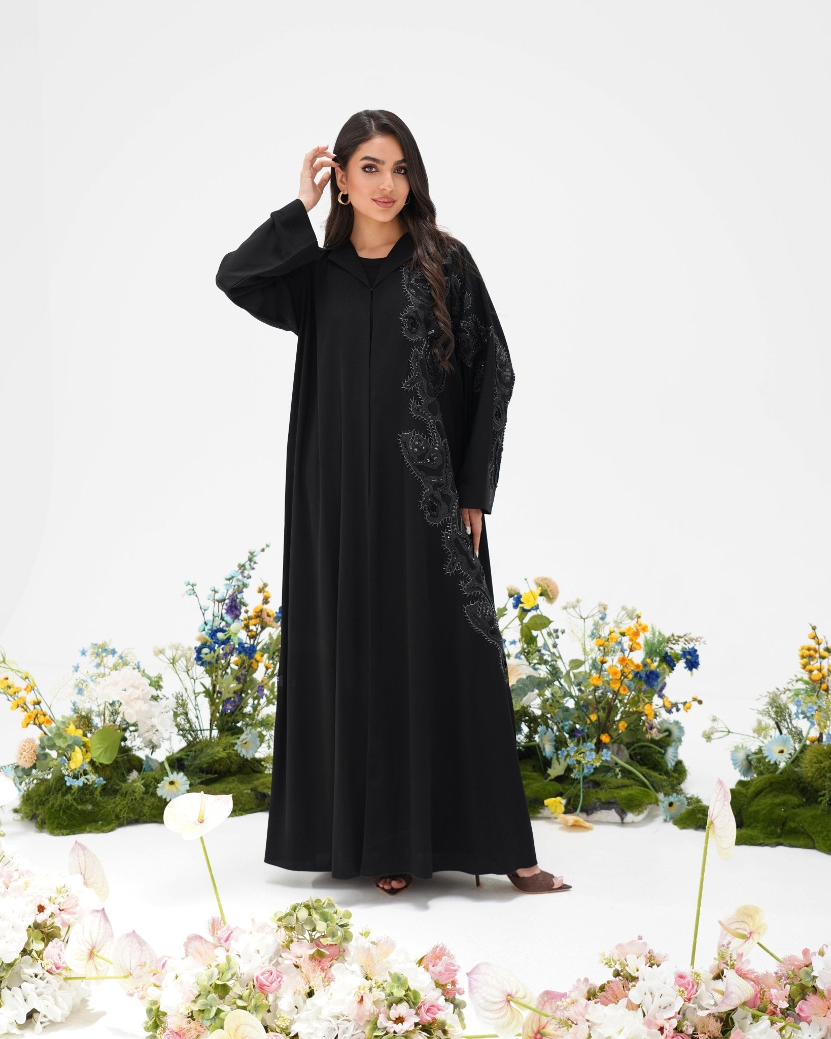 R306 Modern laser cut silver Ari with Beads work Black Abaya Abaya for Women UAE – Abaya – Rutba Fashion Abaya