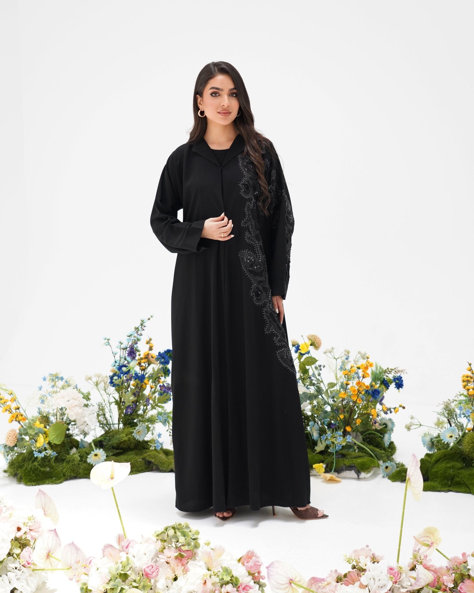 R306 Modern laser cut silver Ari with Beads work Black Abaya Abaya for Women UAE – Abaya – Rutba Fashion Abaya