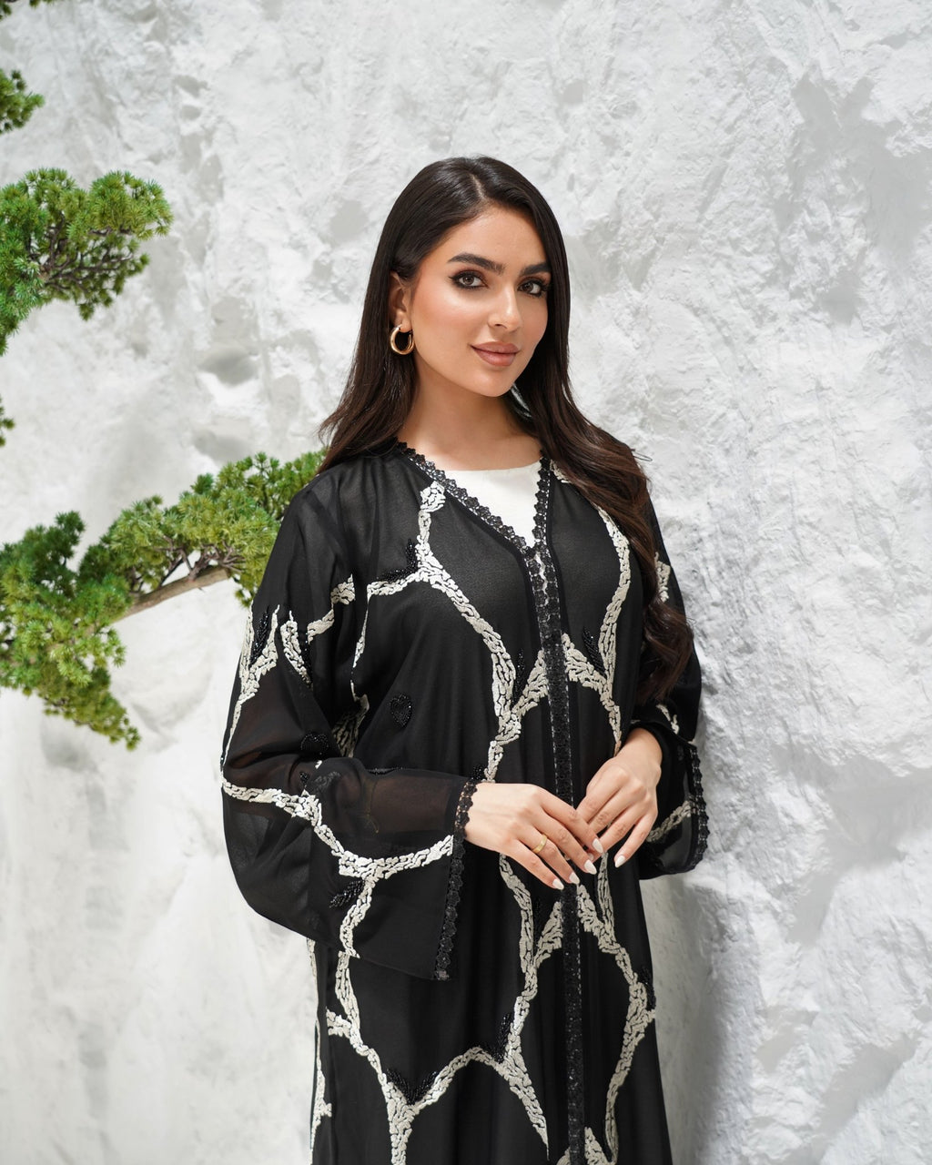 R309 Exclusively Designed with Base embroidery and handmade beads work Black and off- white contrast Abaya Abaya for Women UAE – Abaya – Rutba Fashion Abaya