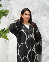 R309 Exclusively Designed with Base embroidery and handmade beads work Black and off- white contrast Abaya Abaya for Women UAE – Abaya – Rutba Fashion Abaya