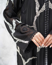 R309 Exclusively Designed with Base embroidery and handmade beads work Black and off- white contrast Abaya Abaya for Women UAE – Abaya – Rutba Fashion Abaya
