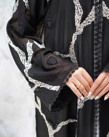R309 Exclusively Designed with Base embroidery and handmade beads work Black and off- white contrast Abaya Abaya for Women UAE – Abaya – Rutba Fashion Abaya