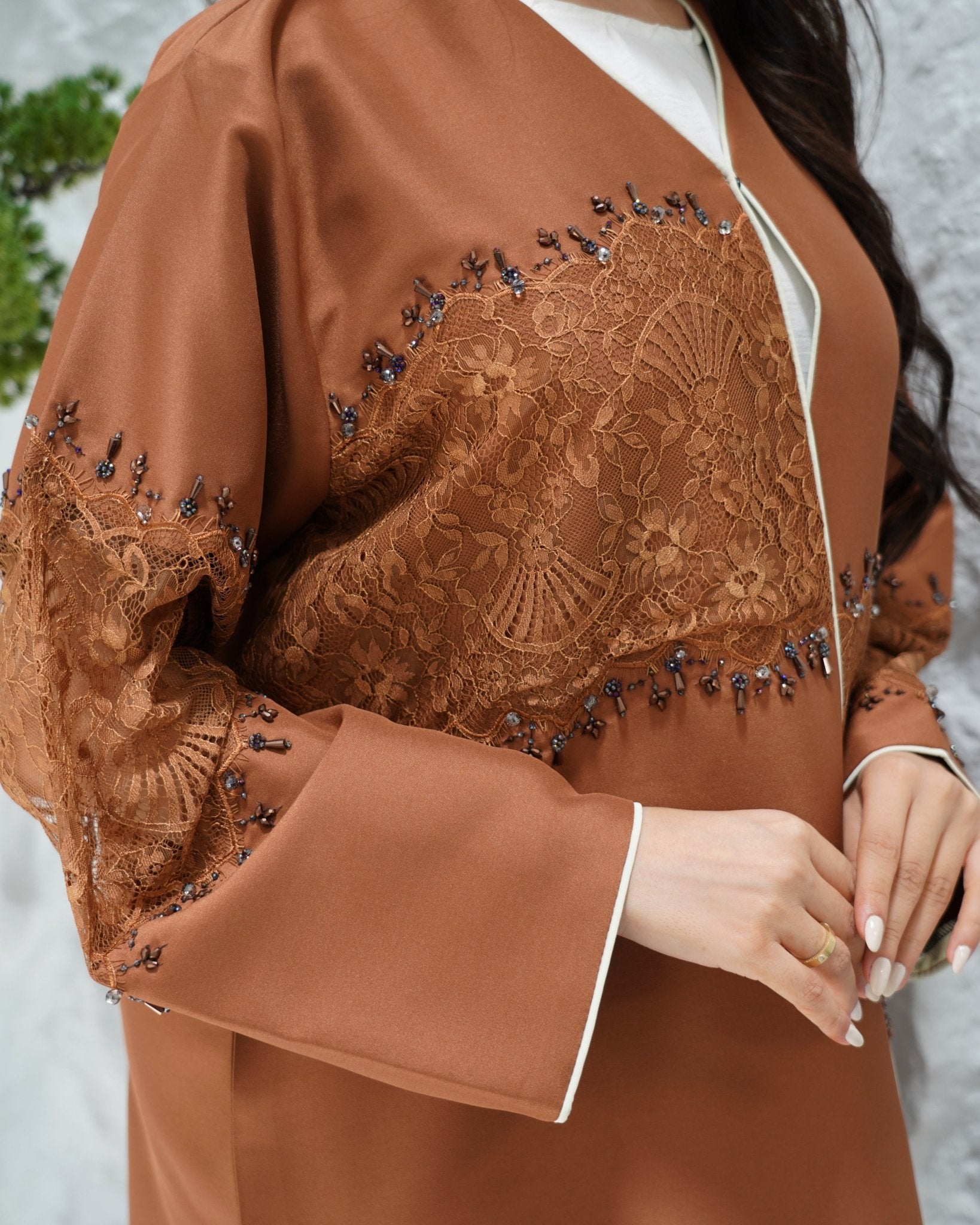 R312 Francy lace with rainbow colored beads color Abaya Abaya for Women UAE – Abaya – Rutba Fashion Abaya