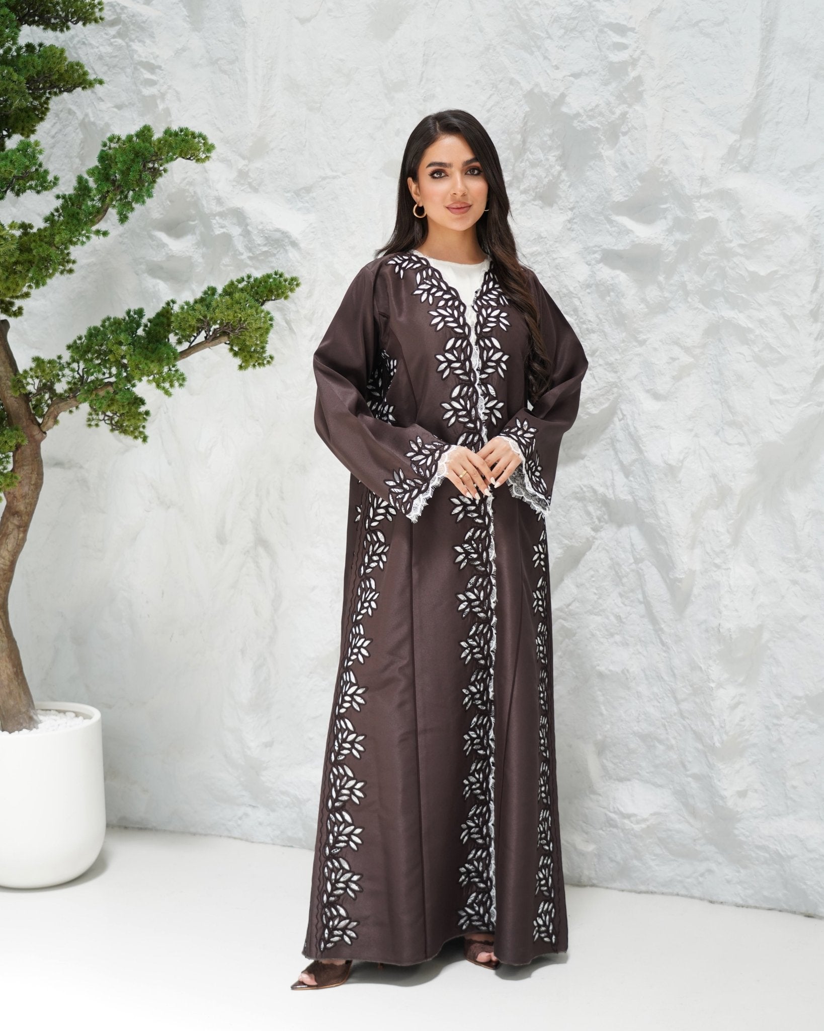 R313 Beautiful Lezar cut Brown elegant Designer Abaya Abaya for Women UAE – Abaya – Rutba Fashion Abaya