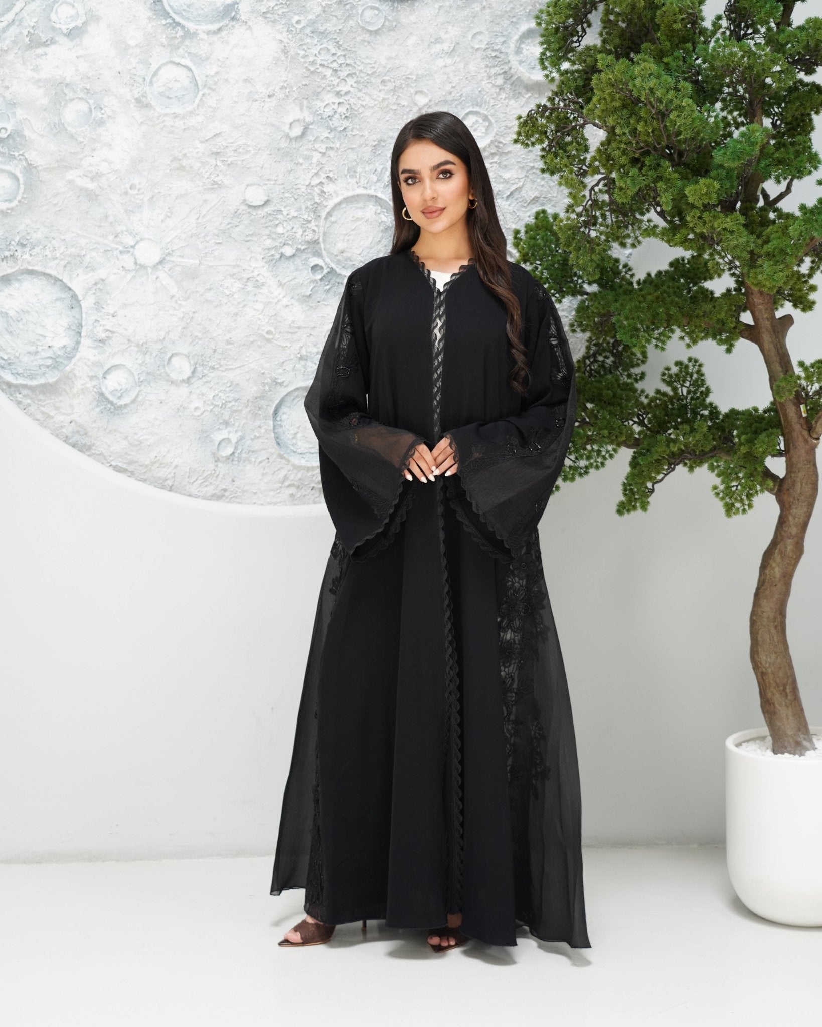 R319 Classic Black Abaya with New Frem Lace and Beads work Abaya for Women UAE – Abaya – Rutba Fashion Abaya