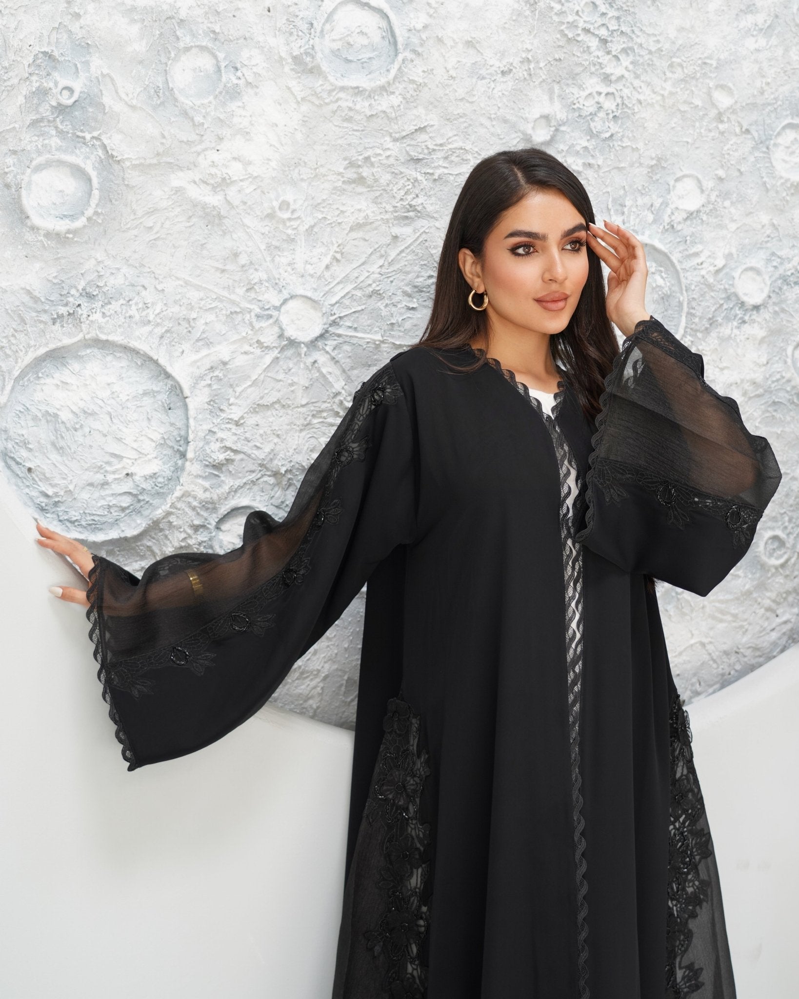 R319 Classic Black Abaya with New Frem Lace and Beads work Abaya for Women UAE – Abaya – Rutba Fashion Abaya