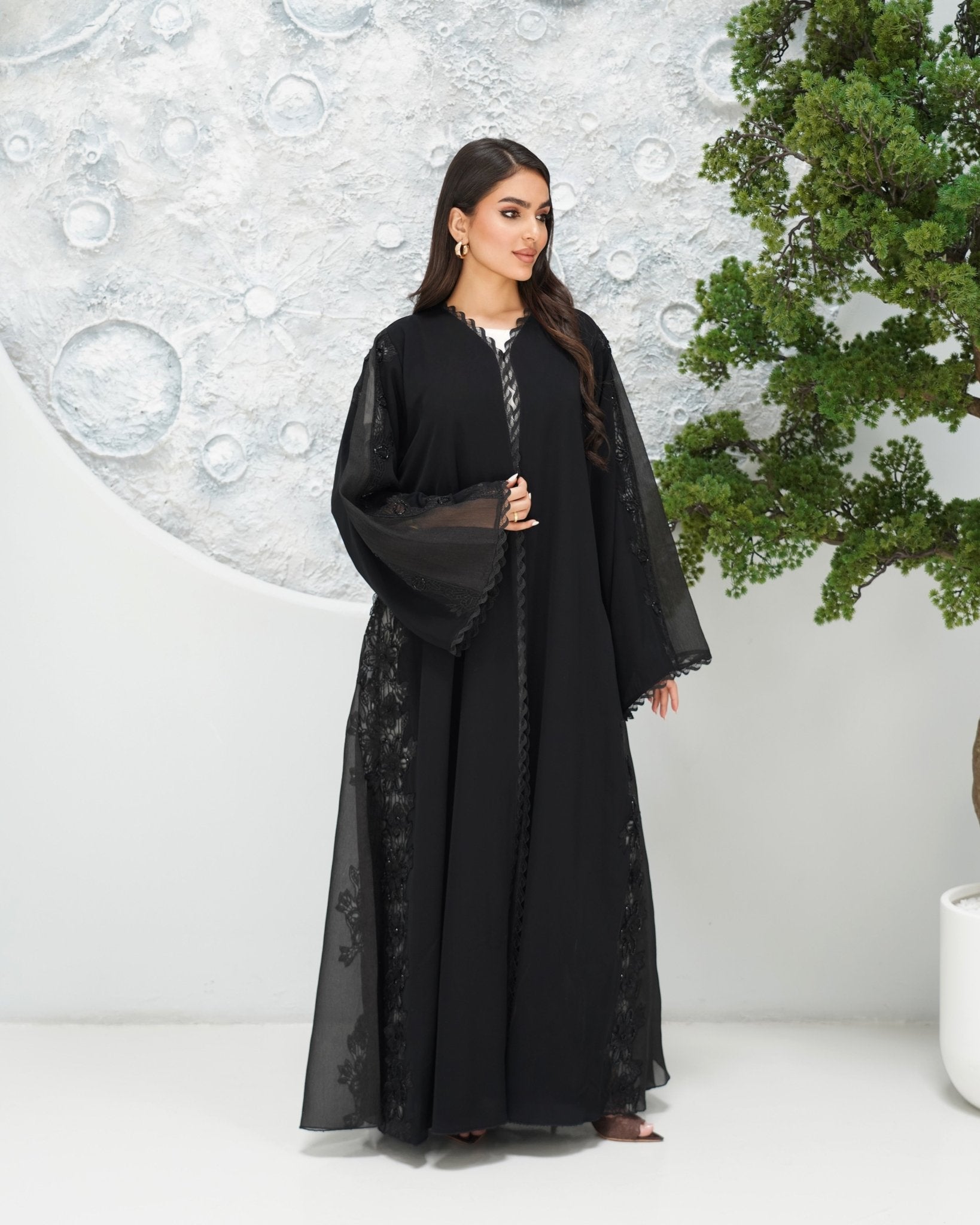R319 Classic Black Abaya with New Frem Lace and Beads work Abaya for Women UAE – Abaya – Rutba Fashion Abaya