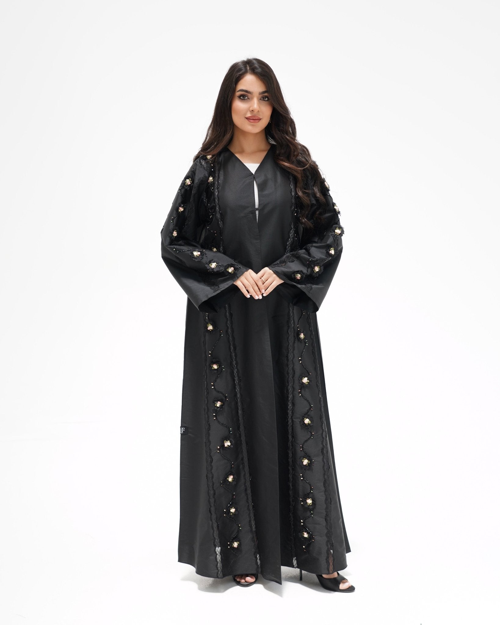 R323 Black Floral Lace Beaded Abaya Abaya for Women UAE – Abaya – Rutba Fashion Abaya