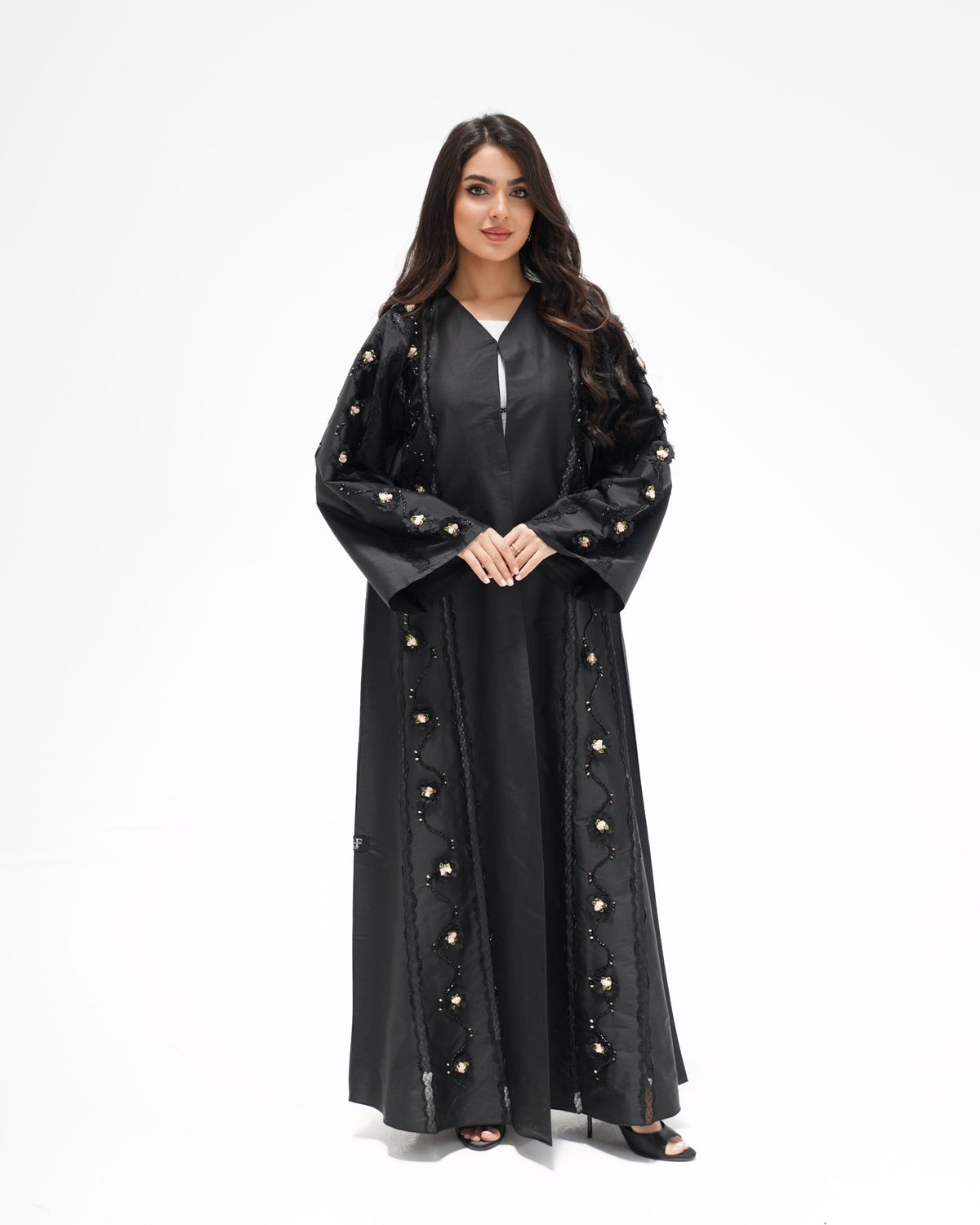 R323 Black Floral Lace Beaded Abaya Abaya for Women UAE – Abaya – Rutba Fashion Abaya