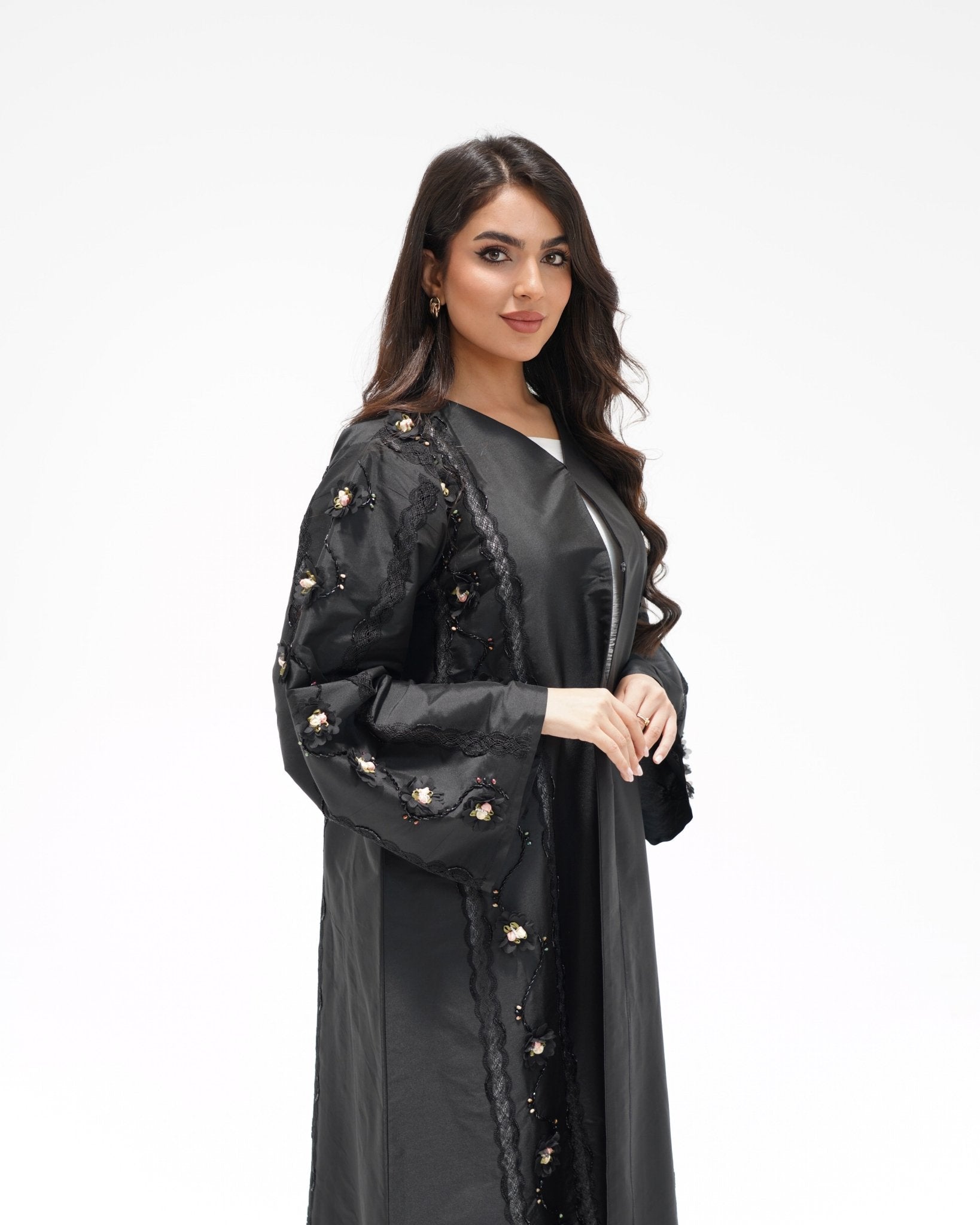 R323 Black Floral Lace Beaded Abaya Abaya for Women UAE – Abaya – Rutba Fashion Abaya