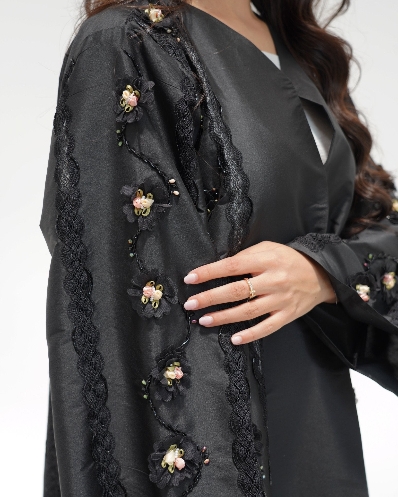 R323 Black Floral Lace Beaded Abaya Abaya for Women UAE – Abaya – Rutba Fashion Abaya
