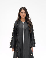 R323 Black Floral Lace Beaded Abaya