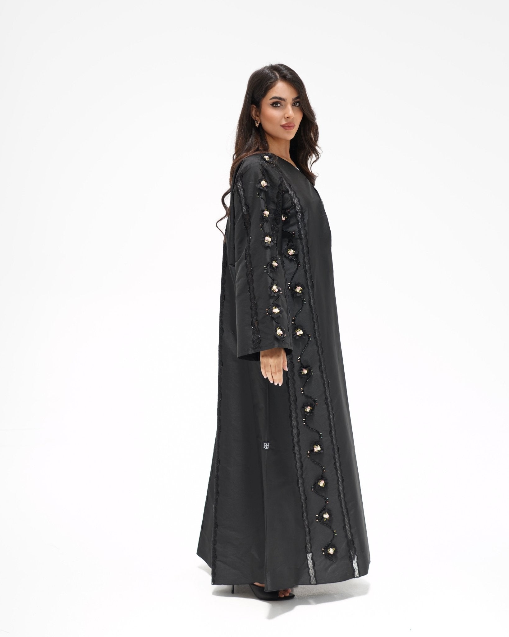 R323 Black Floral Lace Beaded Abaya Abaya for Women UAE – Abaya – Rutba Fashion Abaya