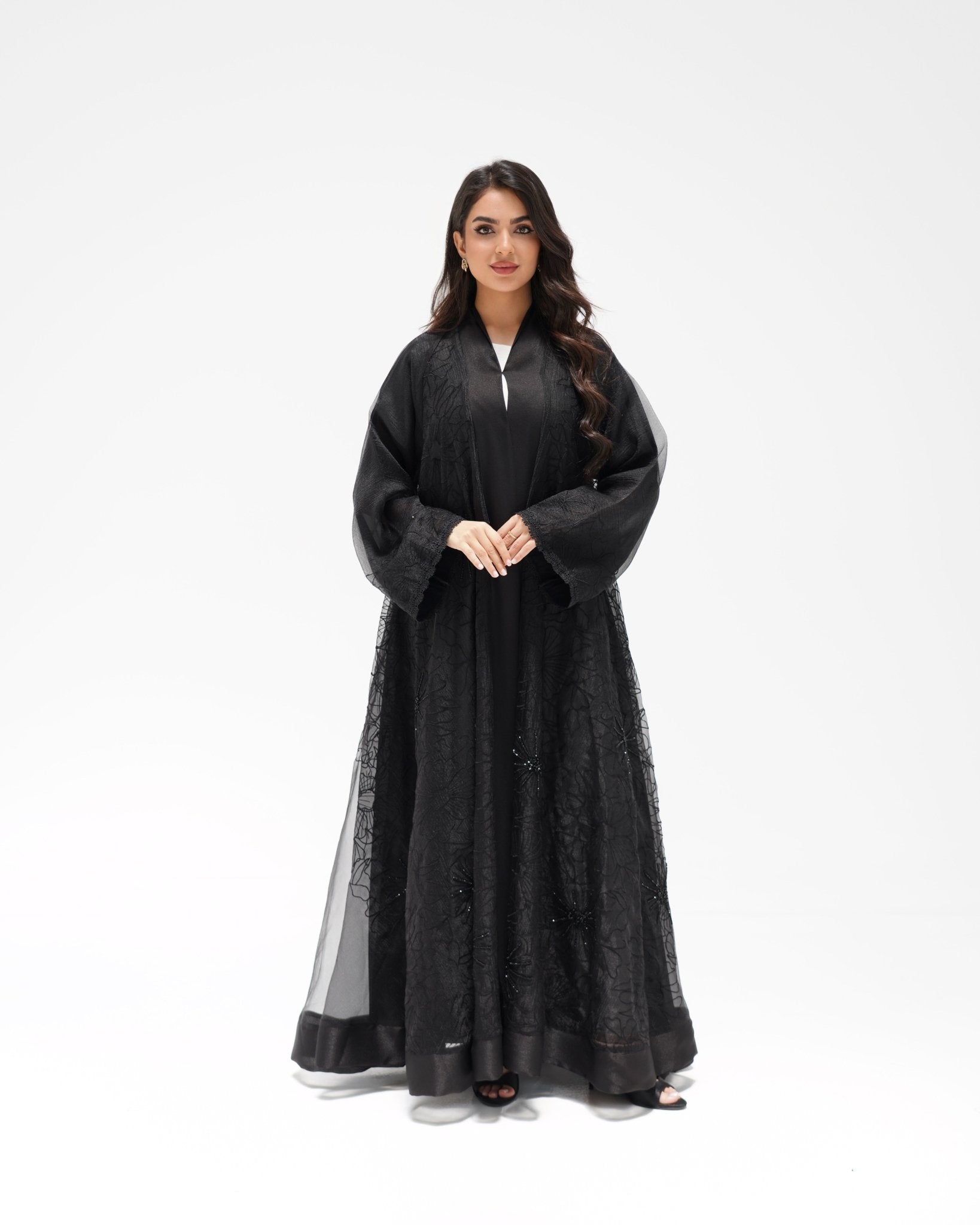 R324 Black Abaya with Floral Embroidery & Damaru Bead Handwork Abaya for Women UAE – Abaya – Rutba Fashion Abaya
