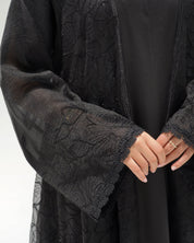 R324 Black Abaya with Floral Embroidery & Damaru Bead Handwork Abaya for Women UAE – Abaya – Rutba Fashion Abaya