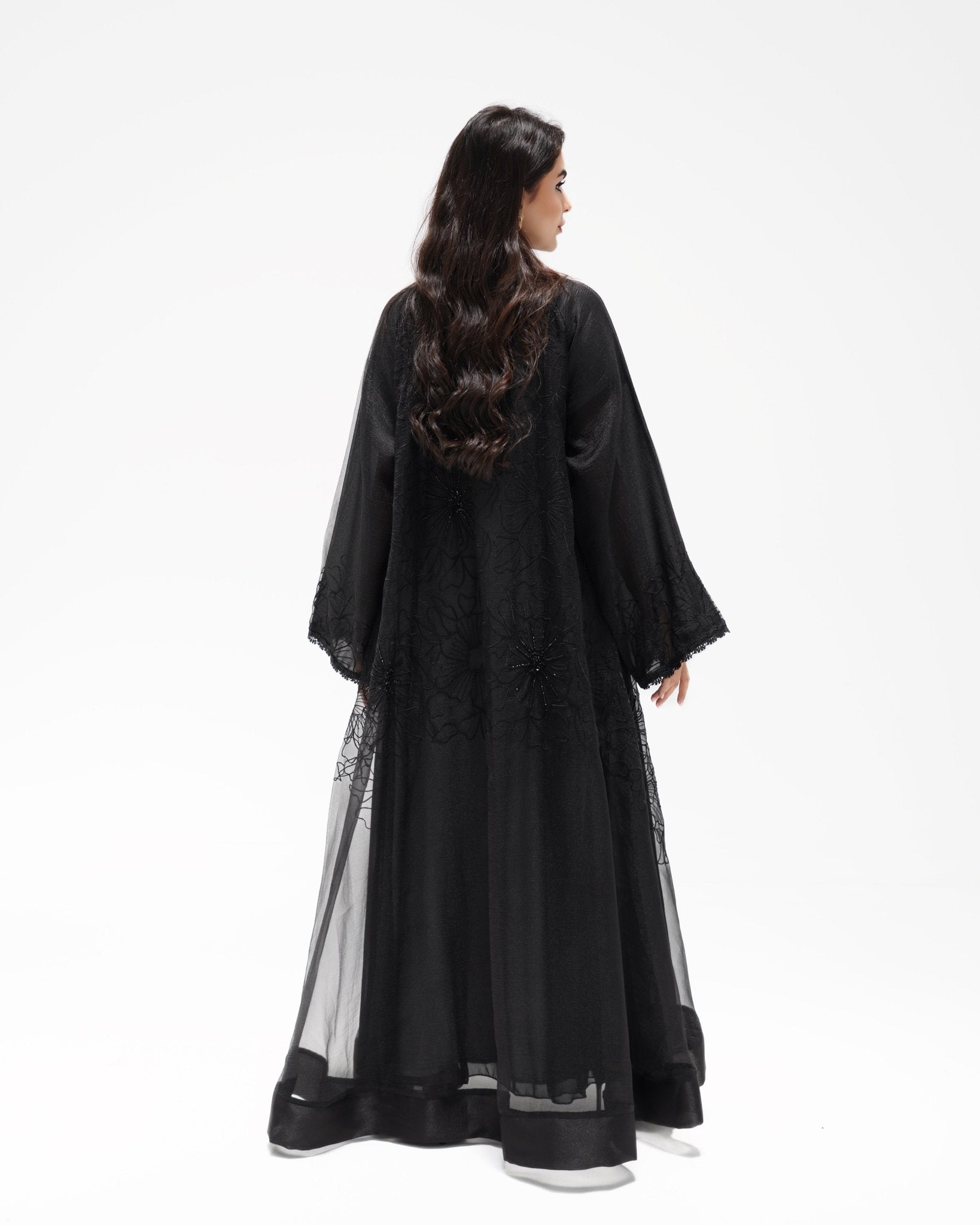 R324 Black Abaya with Floral Embroidery & Damaru Bead Handwork Abaya for Women UAE – Abaya – Rutba Fashion Abaya