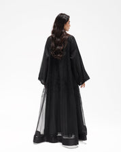 R324 Black Abaya with Floral Embroidery & Damaru Bead Handwork Abaya for Women UAE – Abaya – Rutba Fashion Abaya