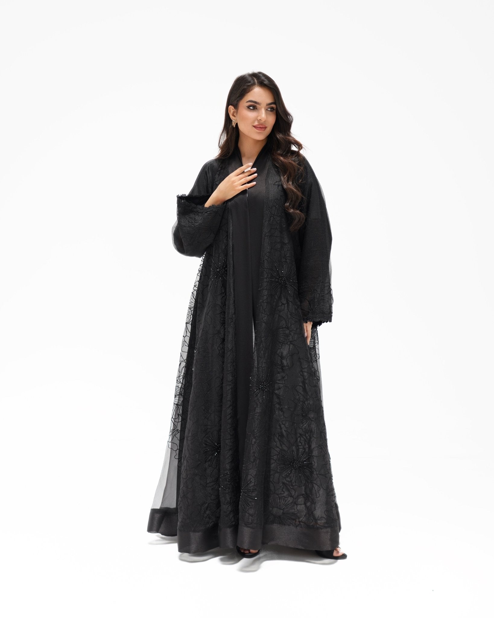 R324 Black Abaya with Floral Embroidery & Damaru Bead Handwork Abaya for Women UAE – Abaya – Rutba Fashion Abaya