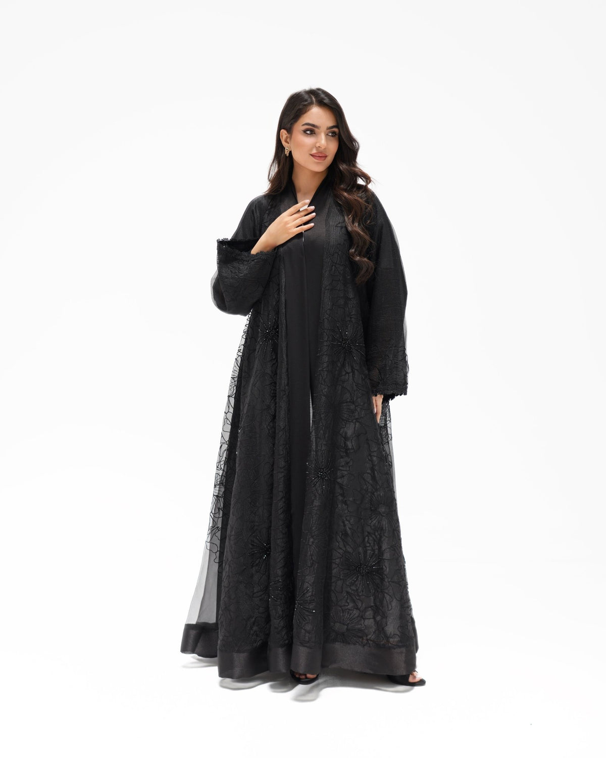 R324 Black Abaya with Floral Embroidery & Damaru Bead Handwork Abaya for Women UAE – Abaya – Rutba Fashion Abaya