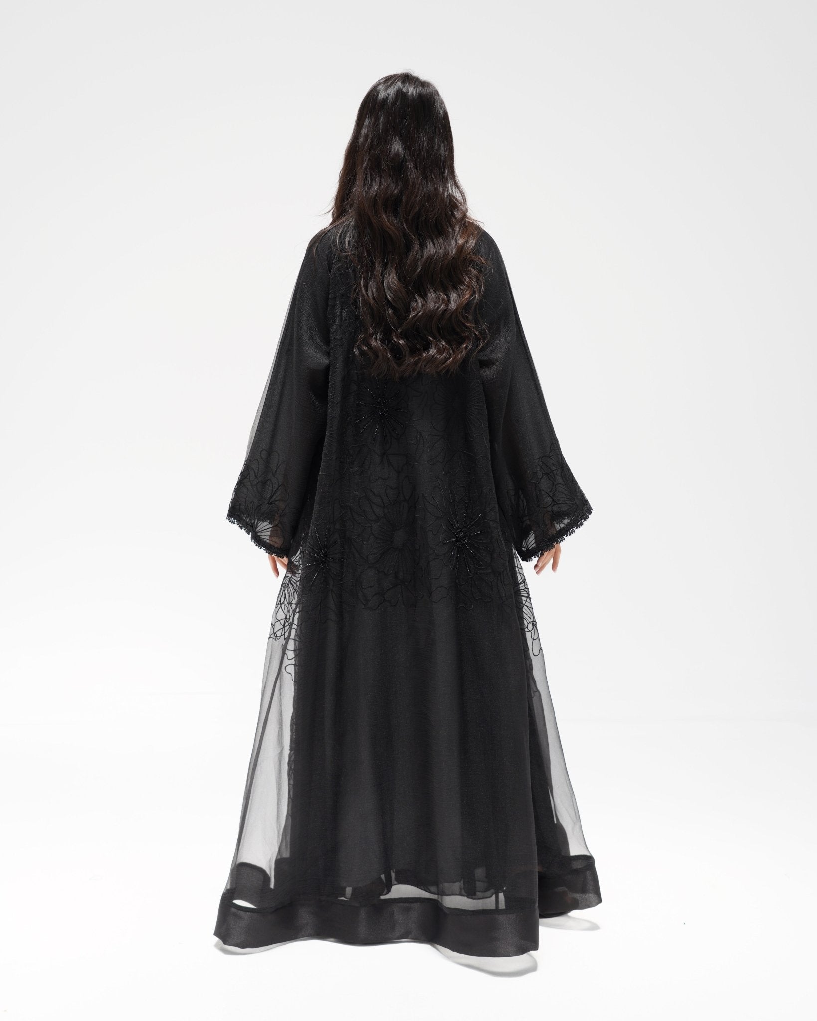 R324 Black Abaya with Floral Embroidery & Damaru Bead Handwork Abaya for Women UAE – Abaya – Rutba Fashion Abaya