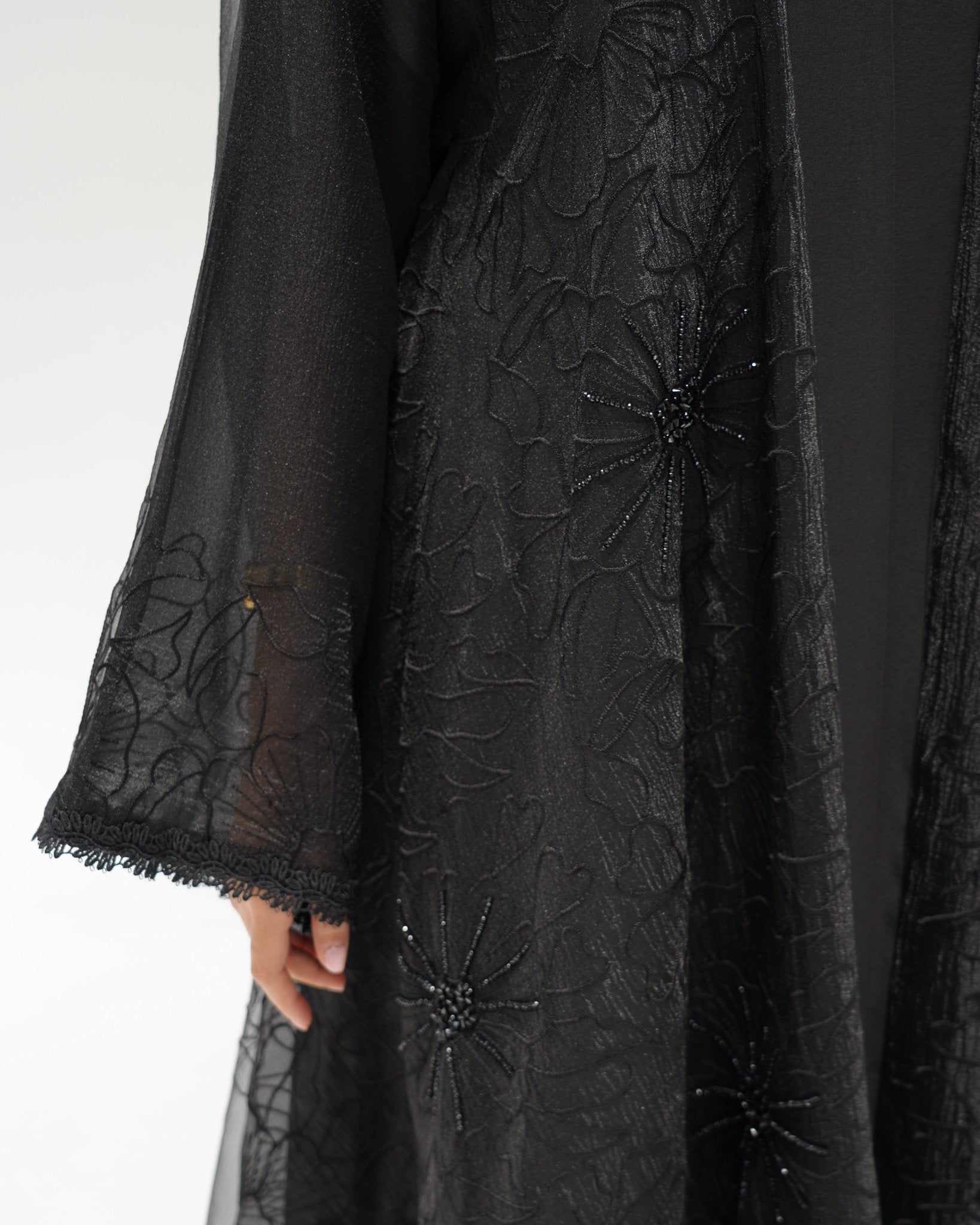 R324 Black Abaya with Floral Embroidery & Damaru Bead Handwork Abaya for Women UAE – Abaya – Rutba Fashion Abaya