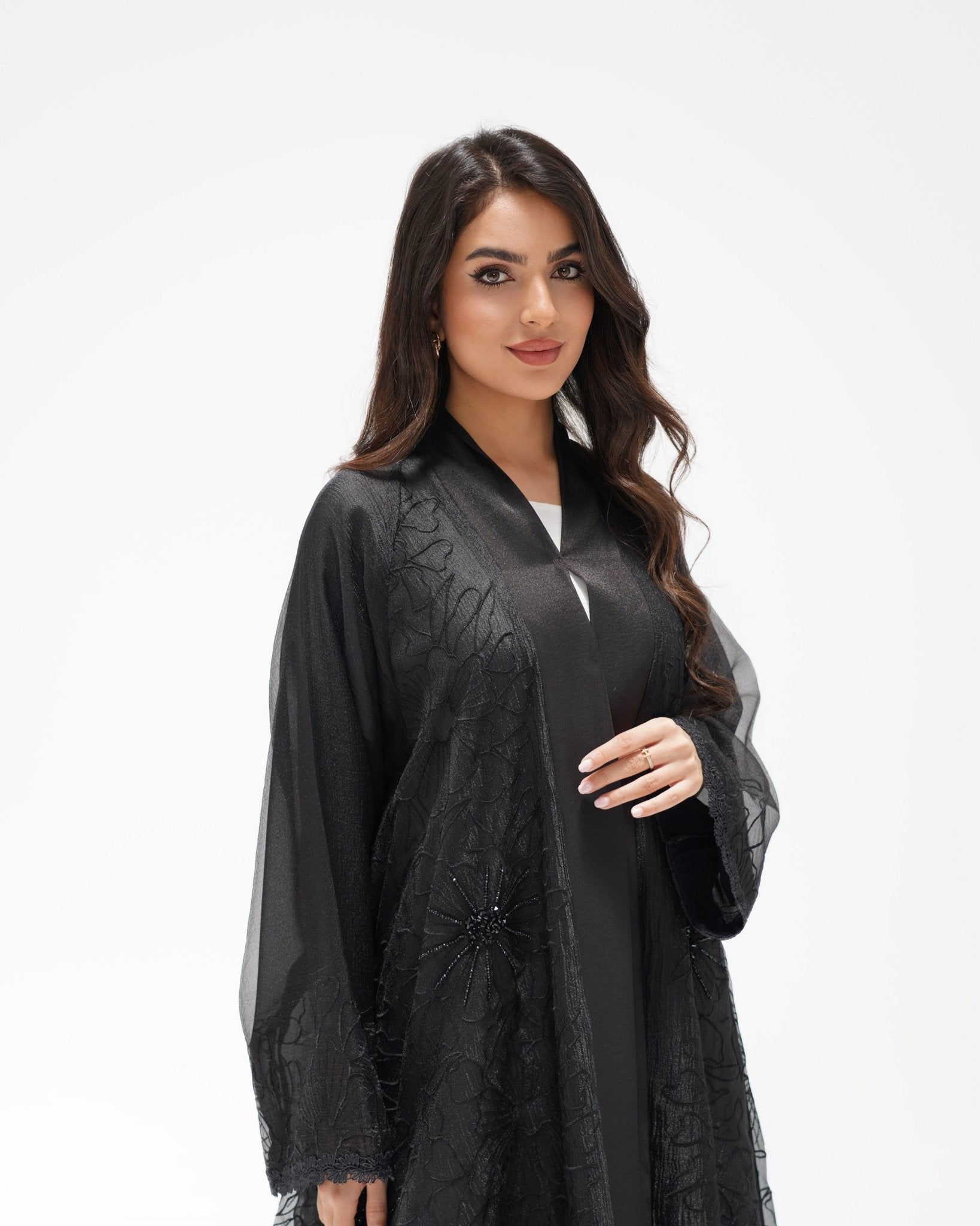 R324 Black Abaya with Floral Embroidery & Damaru Bead Handwork Abaya for Women UAE – Abaya – Rutba Fashion Abaya