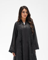 R324 Black Abaya with Floral Embroidery & Damaru Bead Handwork