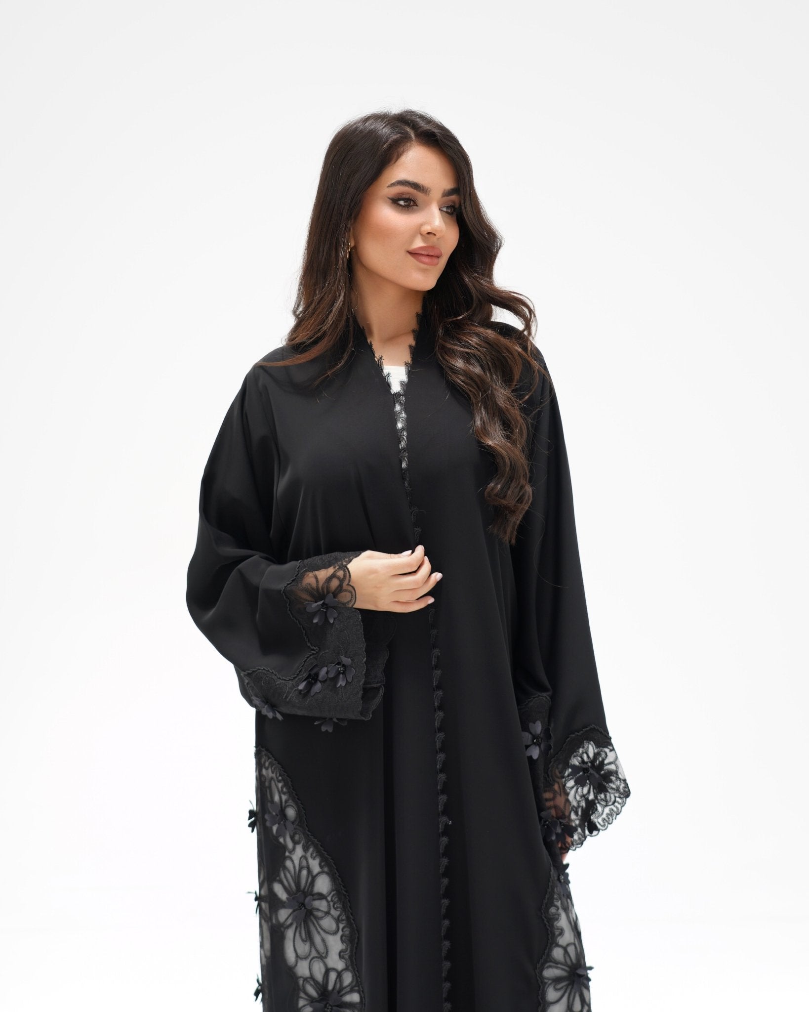 R325 Black LaserCut Floral Embroidery Lace Abaya Abaya for Women UAE – Abaya – Rutba Fashion Abaya