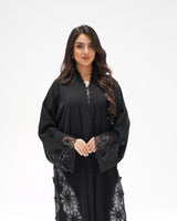 R325 Black LaserCut Floral Embroidery Lace Abaya